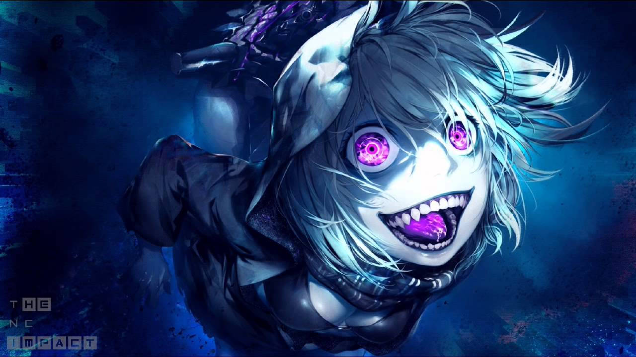 Crazy Anime Boy 桌布 壁紙 — 一個帶有發光紫色眼睛和尖銳牙齒的威脅性動漫女孩，在深藍色背景前向前猛衝。