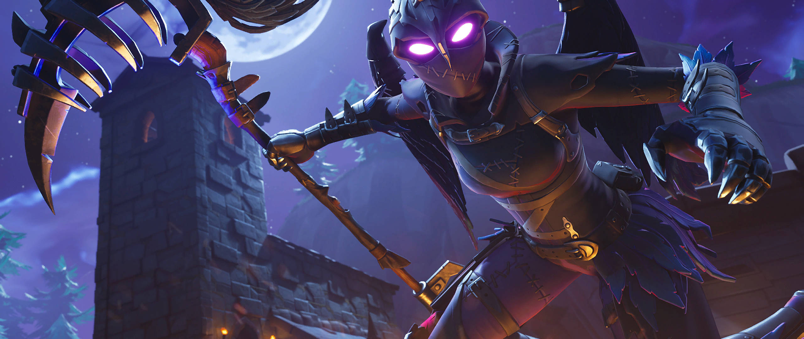 Fortnite 桌布 壁紙 — 一個帶有發光紫色眼睛和帶刺武器的威脅性裝甲戰士站在滿月下的石塔前。