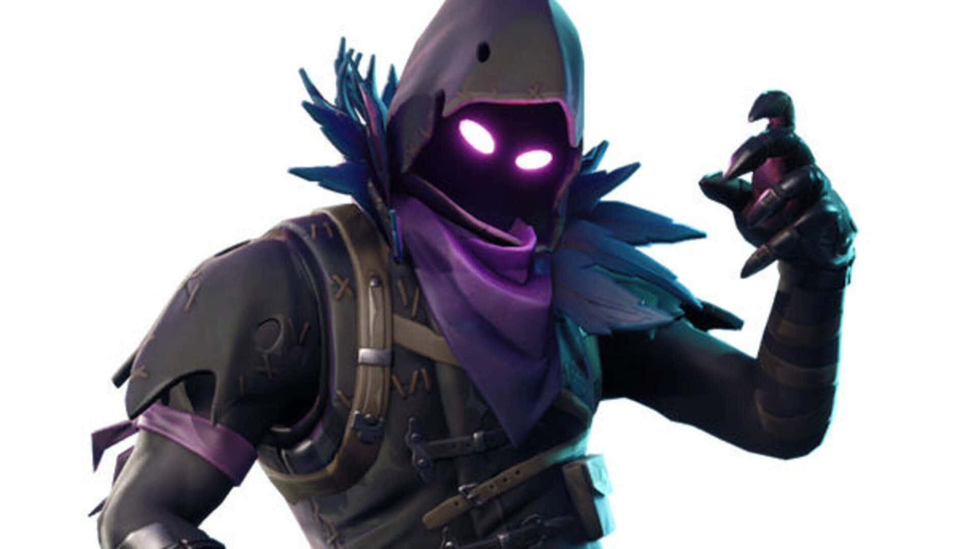 桌布 壁紙 — 一個帶有發光紫色眼睛和暗色連帽盔甲的威脅性Fortnite角色，在純白色背景前手持武器。