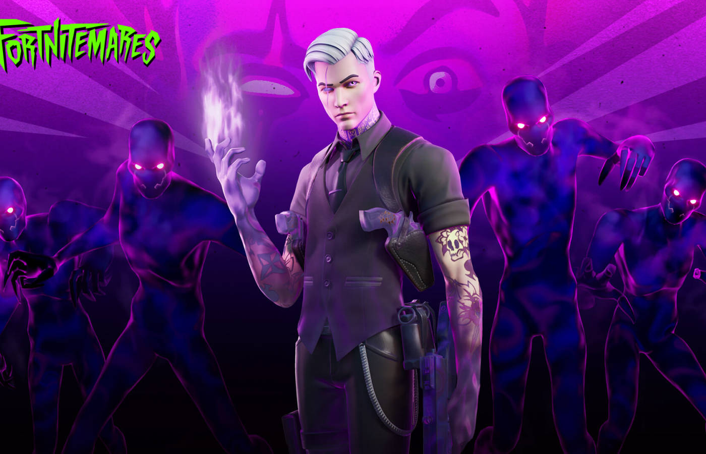 桌布 壁紙 — 一個帶有發光紫色眼睛和紋身的威脅性Fortnite角色，站在一個深紫色數位場景中，被陰影人物包圍。
