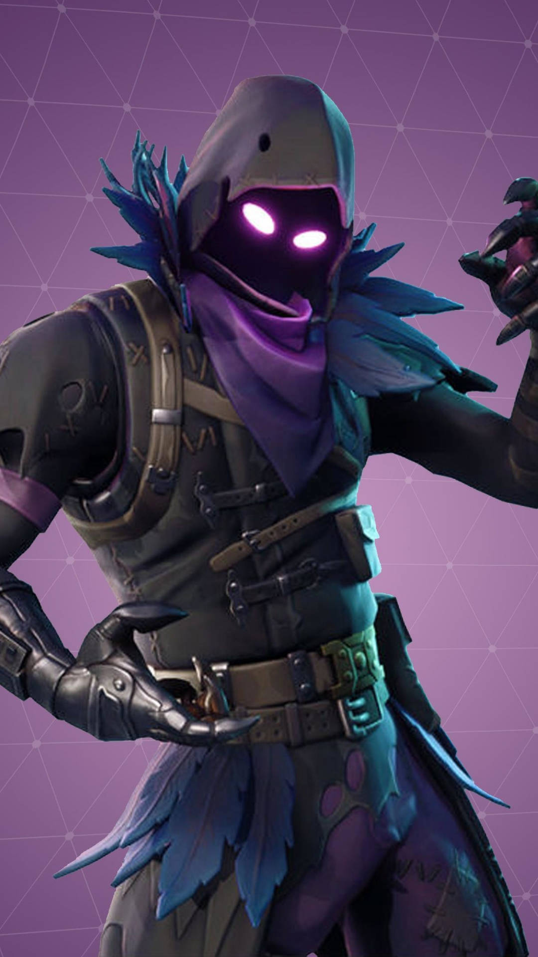 Fortnite 桌布 壁紙 — 一個帶有發光紫色眼睛和羽毛兜帽的威脅性Fortnite角色，站在幾何紫色背景前。