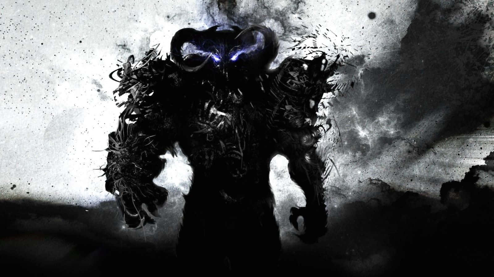 Dark Demon 桌布 壁紙 — 一個帶有發光紫色眼睛和鋸齒狀肢體的威脅性黑暗生物，從粗糙紋理的背景中浮現。