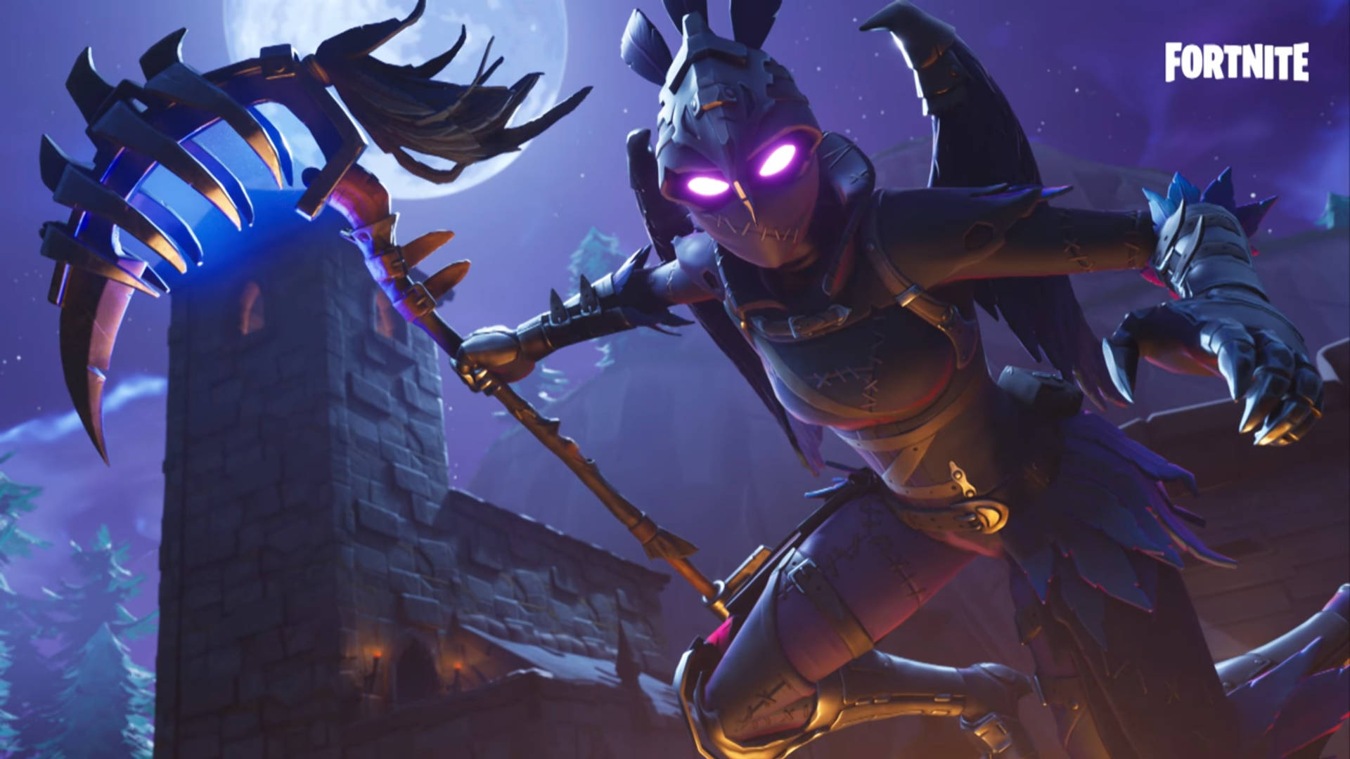 電玩遊戲 桌布 壁紙 — 一個帶有發光紫色眼睛的威脅性Fortnite角色，在月光下的城堡背景下揮舞著帶刺的骨杖。