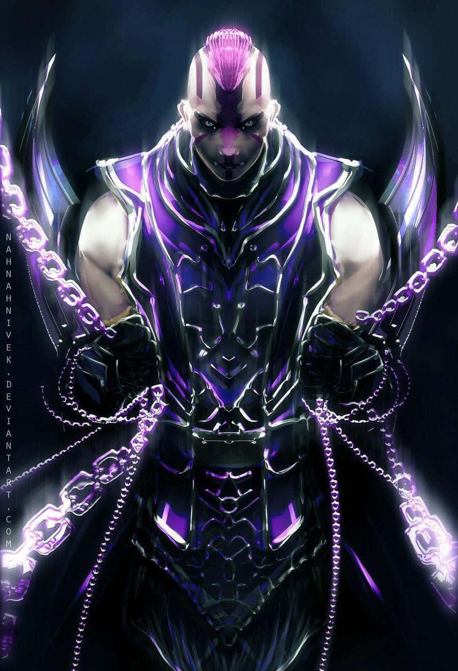 Anti-mage 桌布 壁紙 — 一個帶有發光紫色頭髮和鎖鏈的威脅性裝甲戰士，在黑色背景前散發黑暗力量。