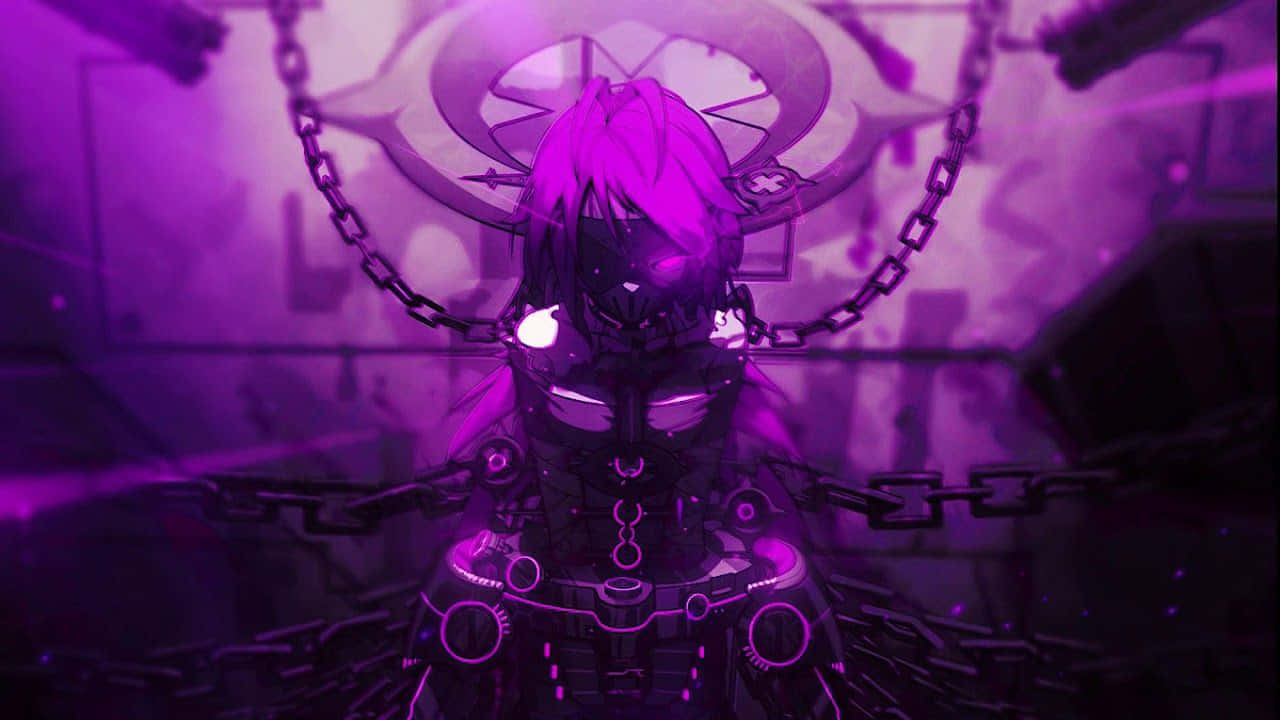 Purple Anime 桌布 壁紙 — 一個帶有發光紫色頭髮和鎖鏈的機械動漫角色懸掛在霓虹燈照亮的工業房間中。