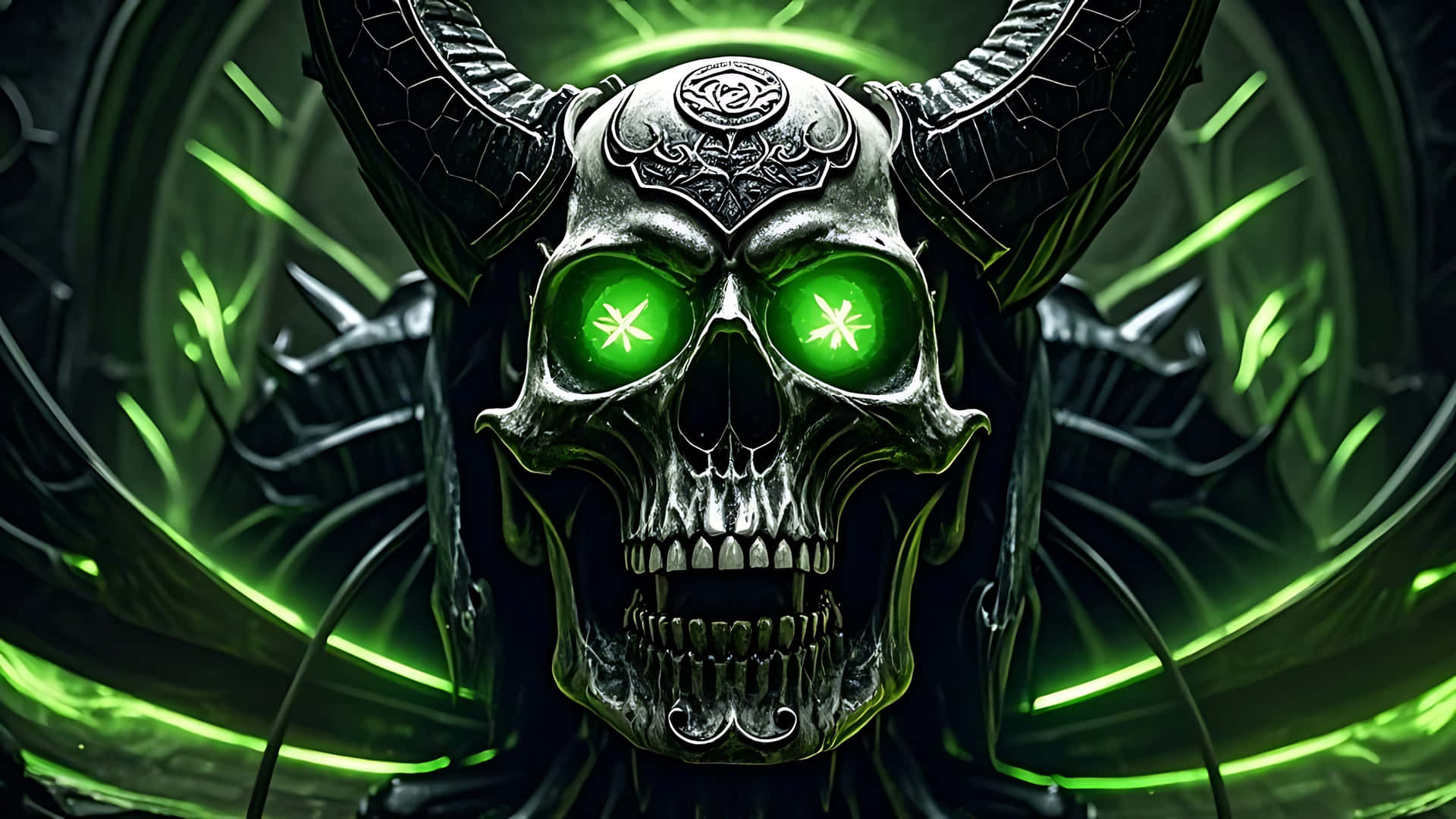 Demonic Skull with Possessed Aura. ghost wallpaper 壁紙 — 一個帶有發光綠色星眼和華麗角的威脅性金屬頭骨，置於旋轉的深綠色能量漩渦前。