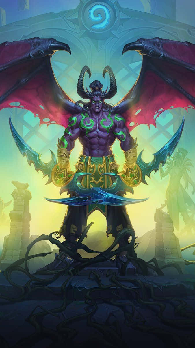 iPhone X Hearthstone 桌布 壁紙 — 一個帶有發光綠色標記和巨大紅色翅膀的威脅性紫色惡魔站在廢墟上，手持一把發光的劍。