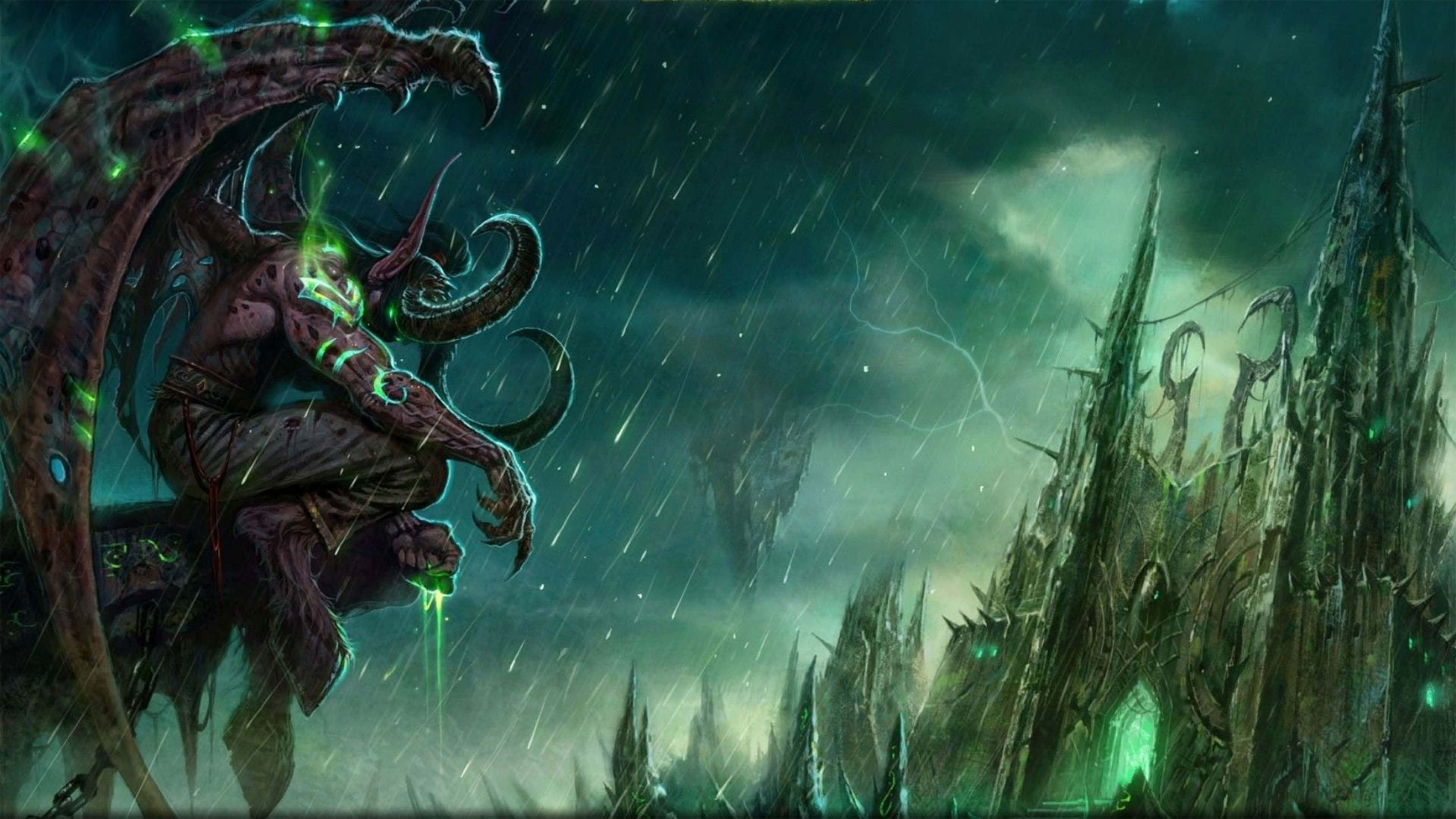 Demon Hunting 桌布 壁紙 — 一個帶有發光綠色標記的惡魔般的身影，棲息在鋸齒狀的廢墟上，背景是雷電交加的暴風雨夜空。