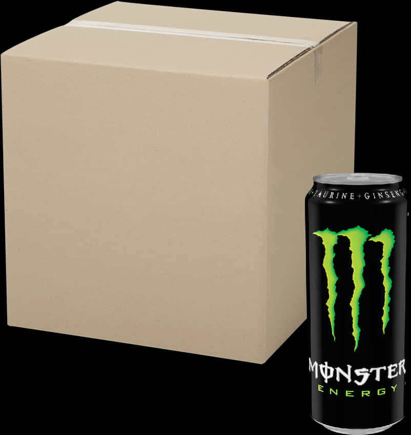 怪物 桌布 壁紙 — 一個帶有發光綠色標誌的黑色Monster Energy罐，旁邊放著一個普通紙箱，背景為黑色。