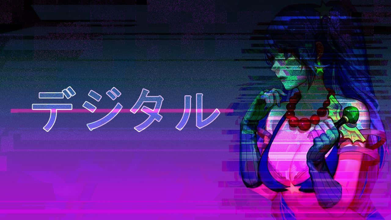 動漫女孩 桌布 壁紙 — 一個帶有發光綠色皮膚和紅色珠子的故障藝術動漫女孩，站在帶有日文字樣的紫色數位背景前。