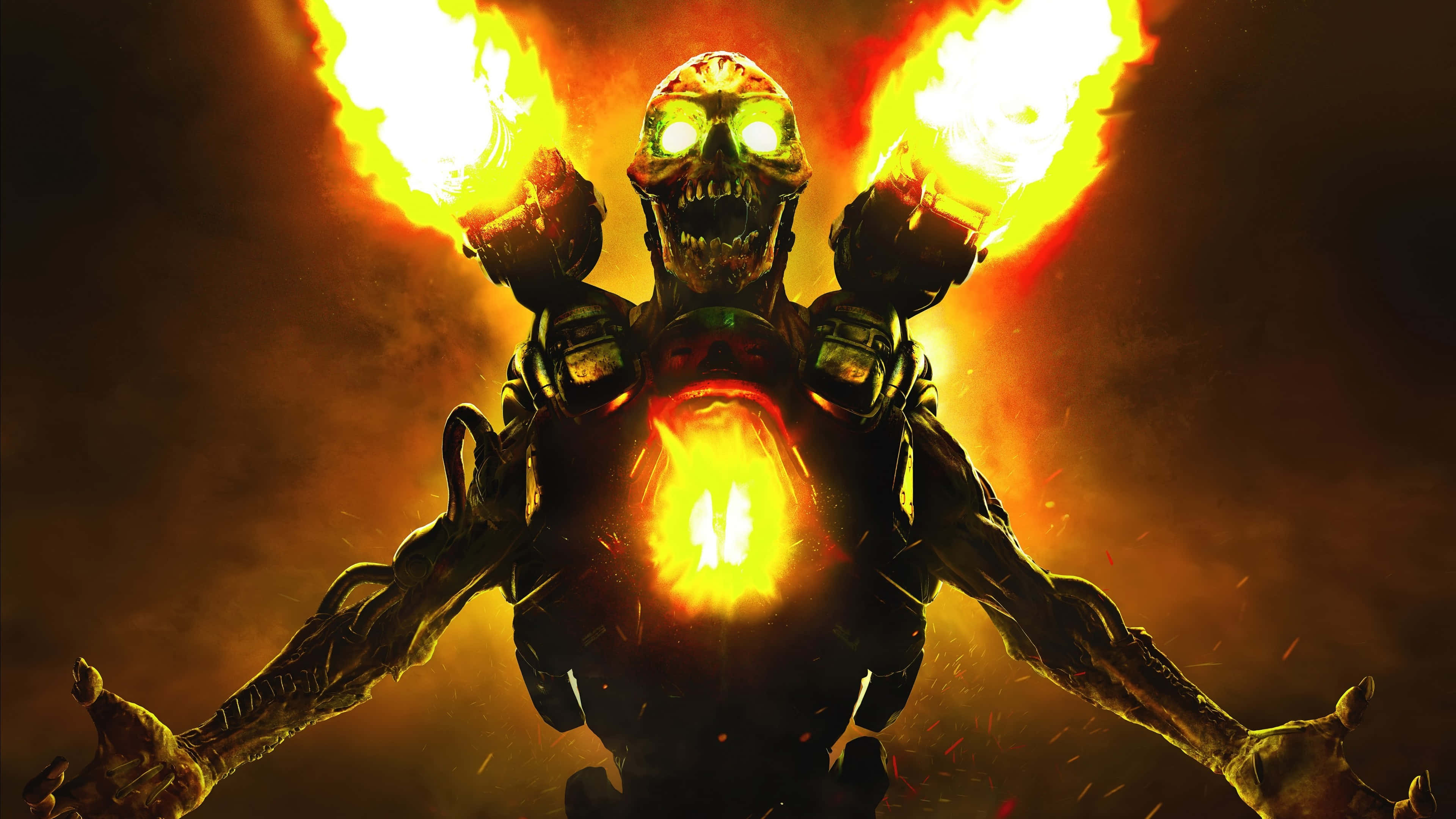 Doom 2016 桌布 壁紙 — 一個帶有發光綠色眼睛、雙手和胸口噴出火焰爆炸的可怕骷髏形象，背景陰暗煙霧瀰漫。