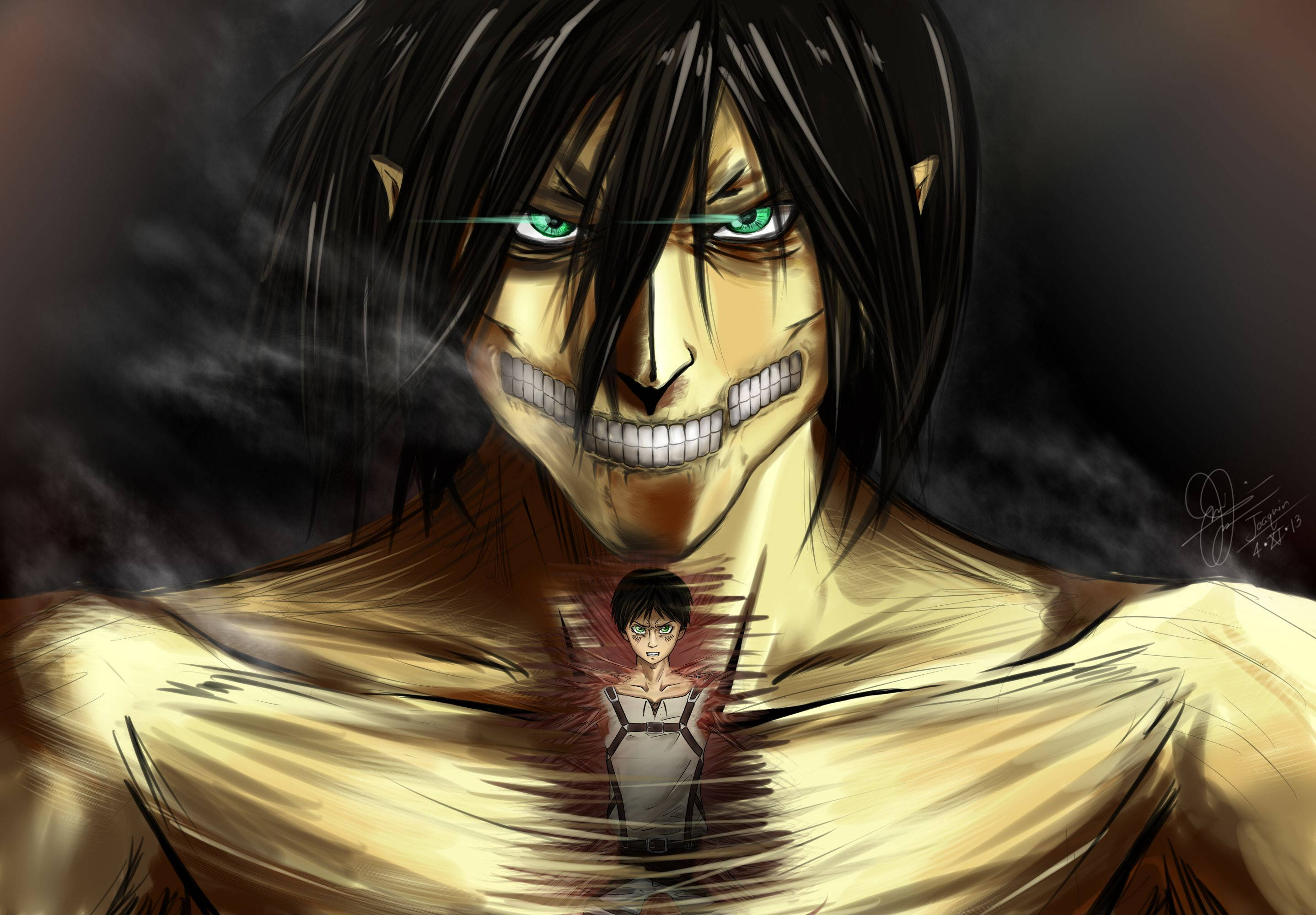 Attack On Titan Titan Eren 桌布 壁紙 — 一個帶有發光綠色眼睛和寬闊笑容的威脅性巨人，俯視著被困在其胸口的一個小人類身影。