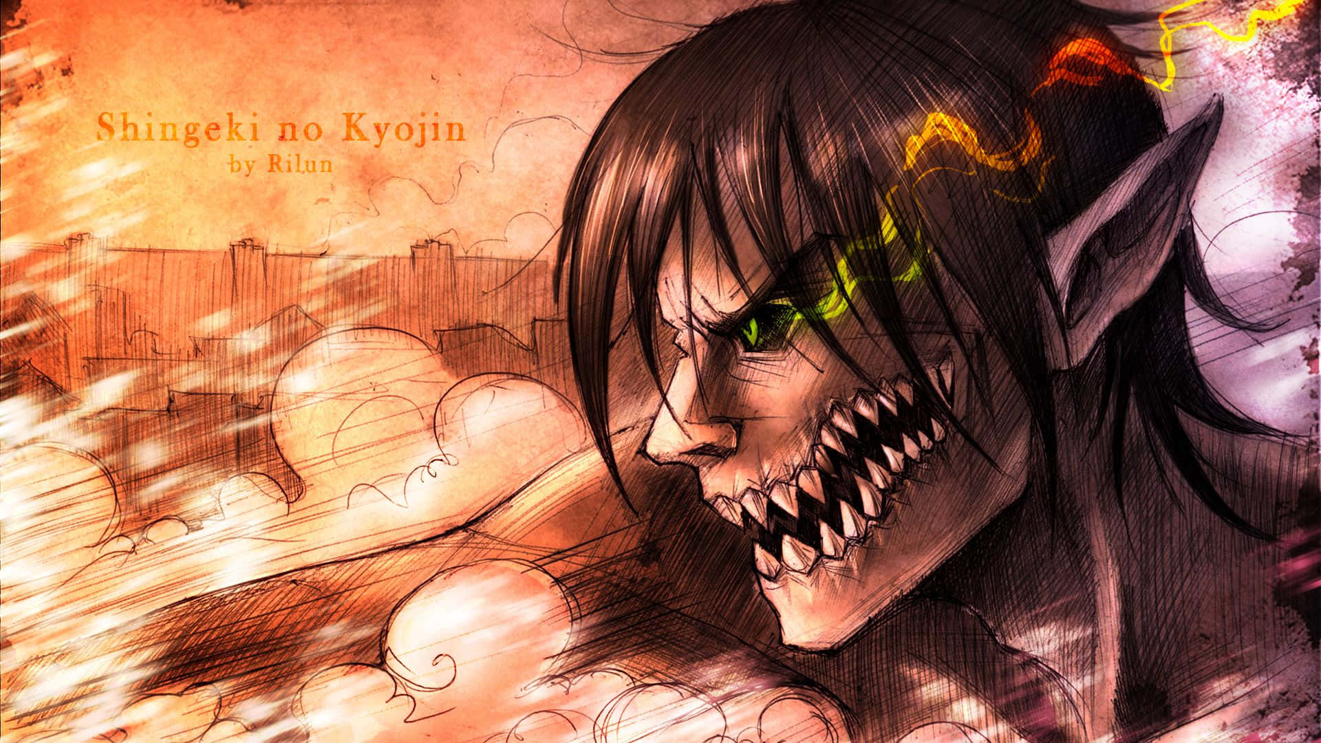Attack On Titan Titan Eren 桌布 壁紙 — 一個帶有發光綠色眼睛和尖銳牙齒的威脅性動漫巨人，在熾熱的橙色天空下咆哮，背景是城市天際線。