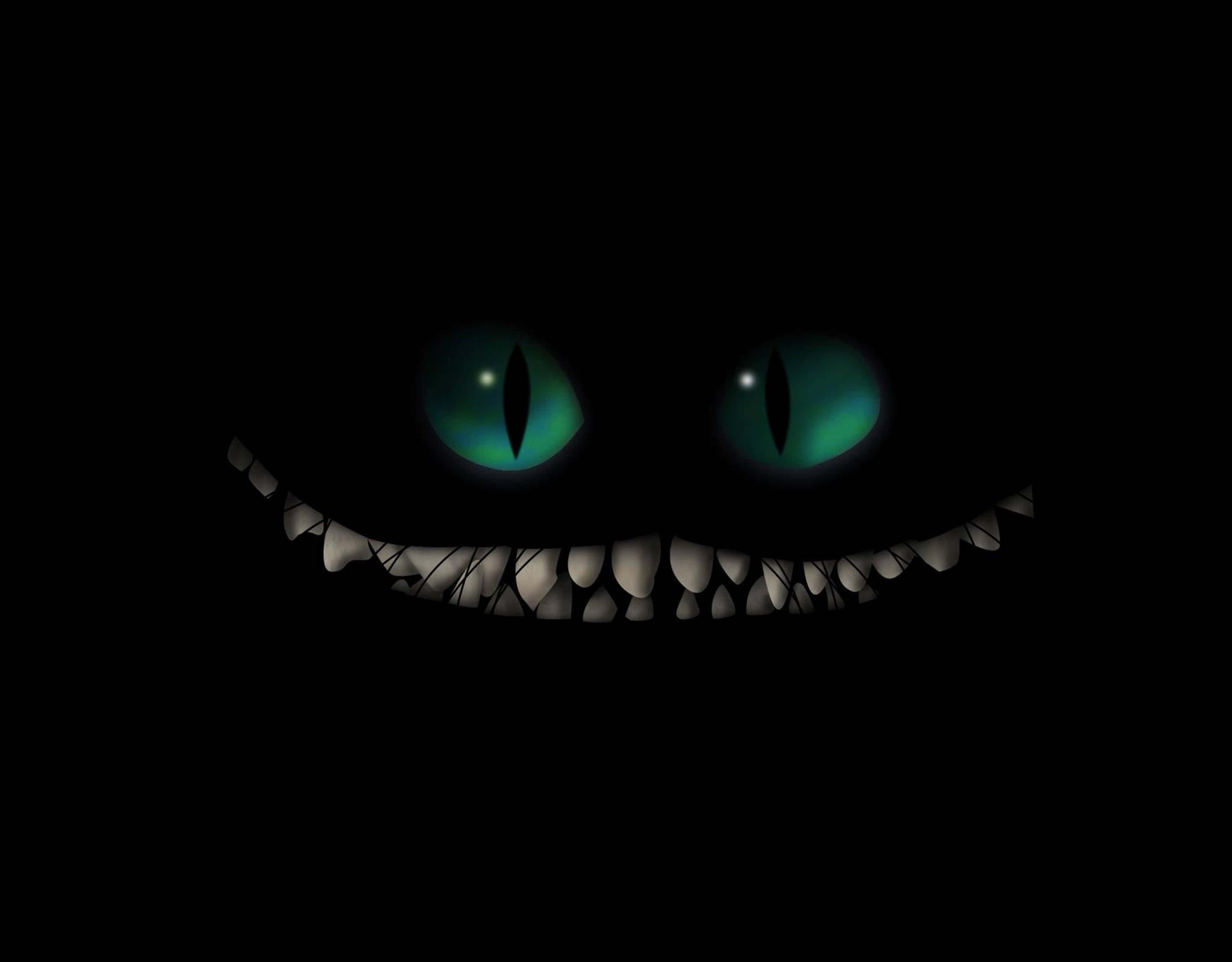 monsters 桌布 壁紙 — 一個帶有發光綠色眼睛和尖銳牙齒的威脅性黑色生物在完全黑暗中微笑。