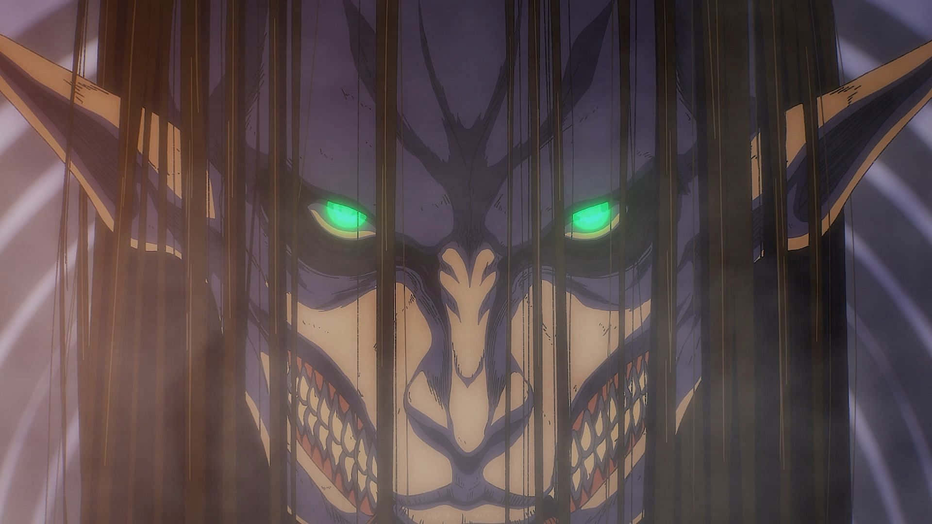 Attack On Titan The Final Season 桌布 壁紙 — 一個帶有發光綠色眼睛和尖銳牙齒的威脅性動漫巨人，在昏暗的場景中透過垂直欄杆窺視。