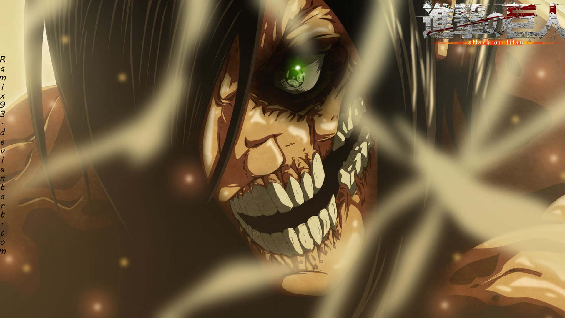 Attack On Titan Laptop 桌布 壁紙 — 一個帶有發光綠色眼睛和尖銳牙齒的威脅性動畫巨人，透過模糊的運動線條隱約出現。