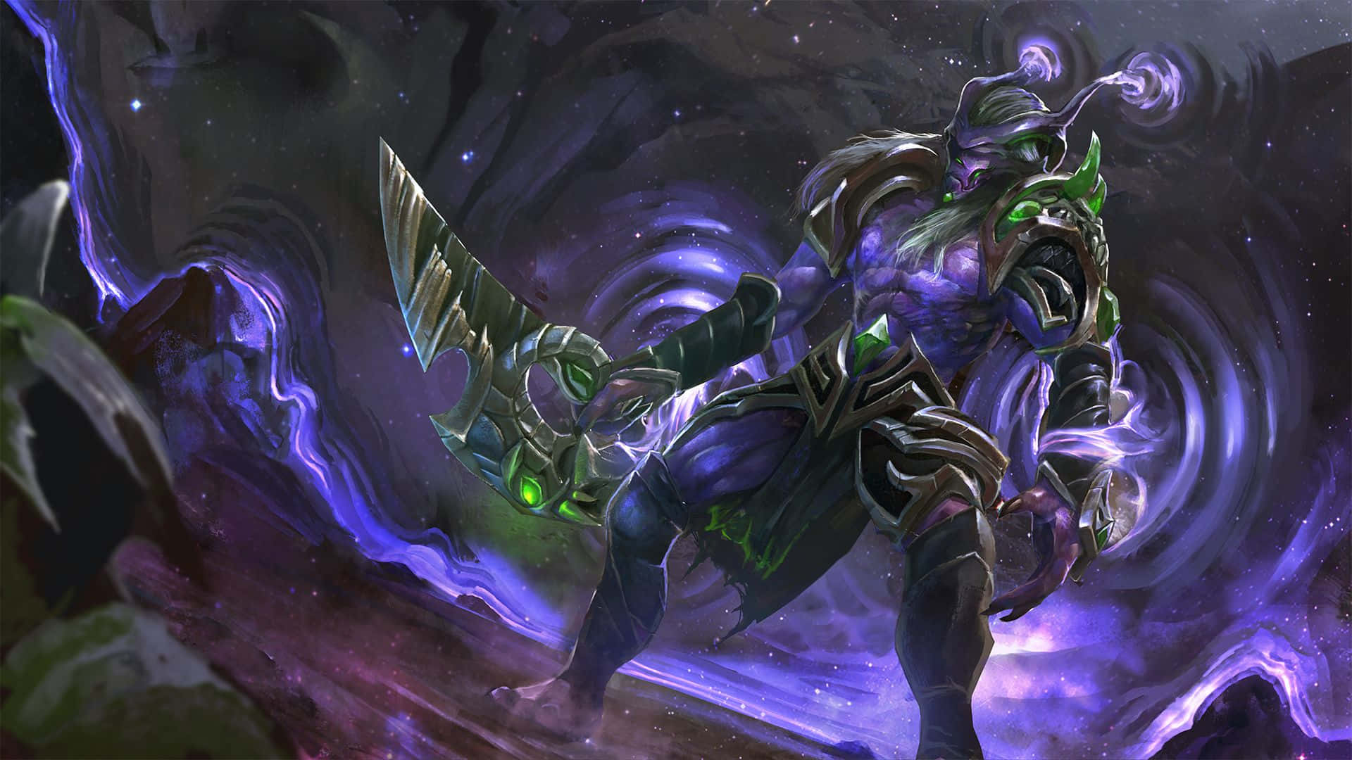 Faceless Void 桌布 壁紙 — 一個帶有發光綠色眼睛和巨大刀刃的威脅性裝甲戰士，站在旋轉的宇宙紫色能量和星空虛空之中。