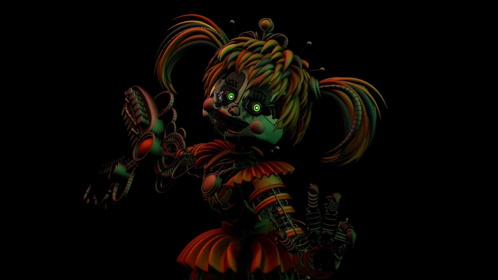 Scrap Baby 桌布 壁紙 — 一個帶有發光綠色眼睛和彩色辮子的威脅性電子動畫小丑站在黑色背景前。