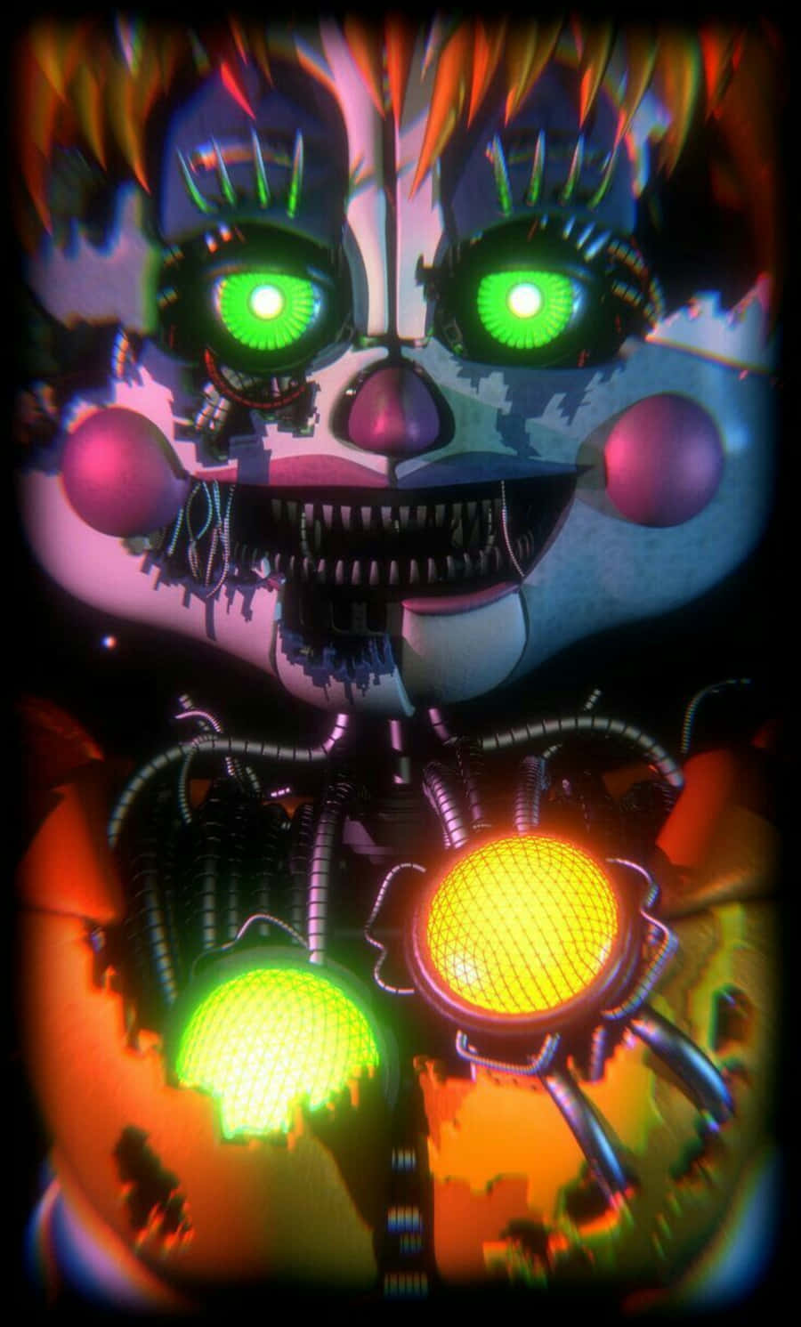 Scrap Baby 桌布 壁紙 — 一個帶有發光綠色眼睛和暴露機械內臟的威脅性電子動畫小丑，背景為深色。