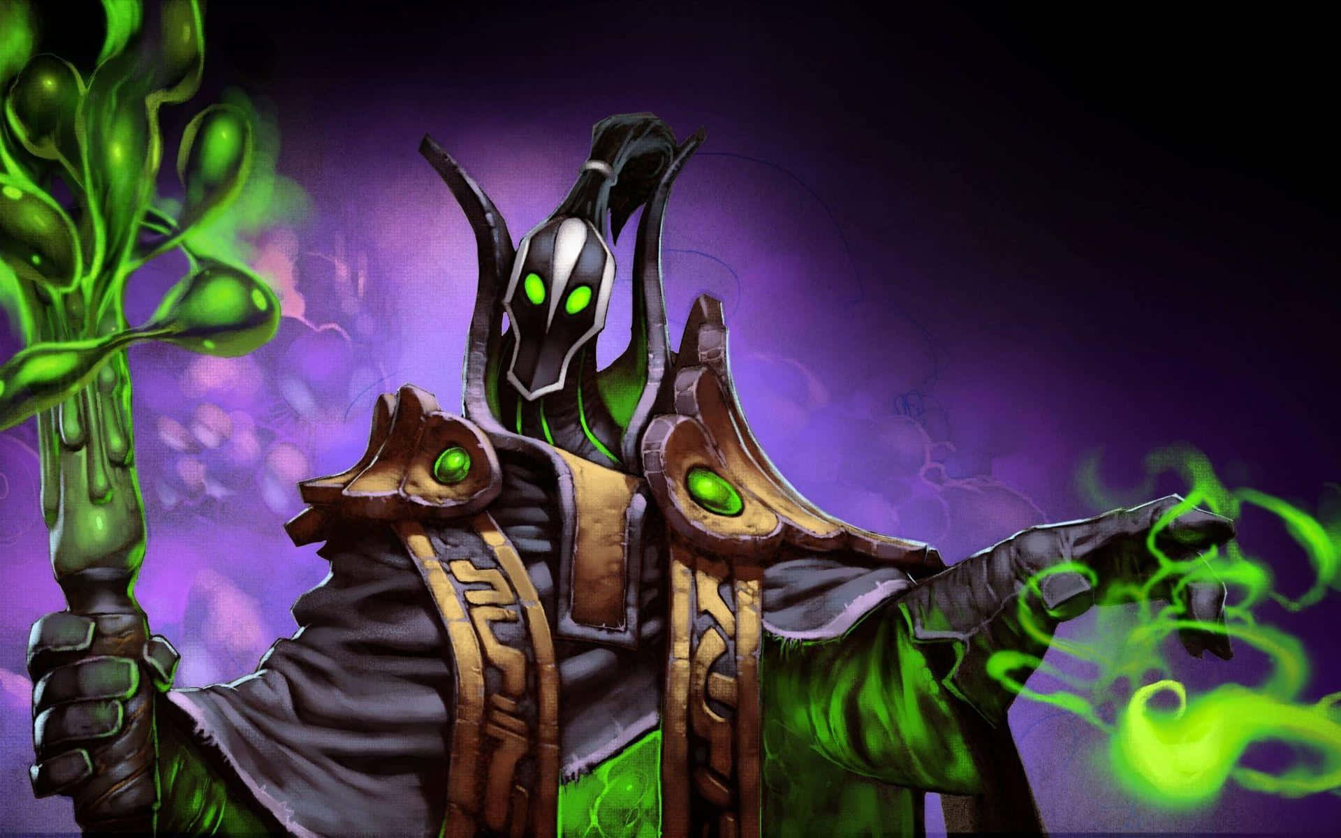 Rubick 桌布 壁紙 — 一個帶有發光綠色眼睛和法杖的威脅性黑暗奇幻法師，在紫色虛空背景下引導詭異的綠色魔法。