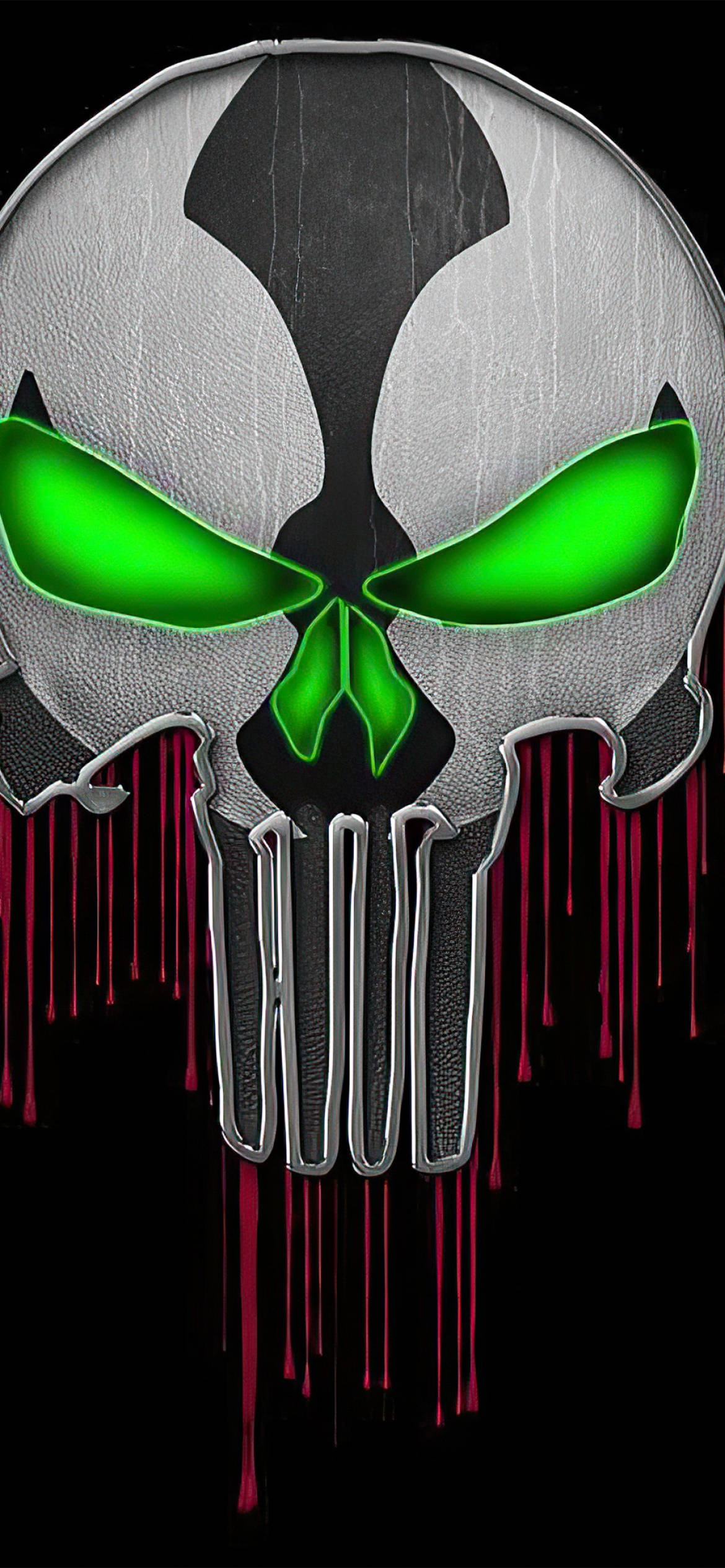 Punisher Skull 桌布 壁紙 — 一個帶有發光綠色眼睛和滴落紅色液體的威脅性銀色頭骨，背景為黑色。