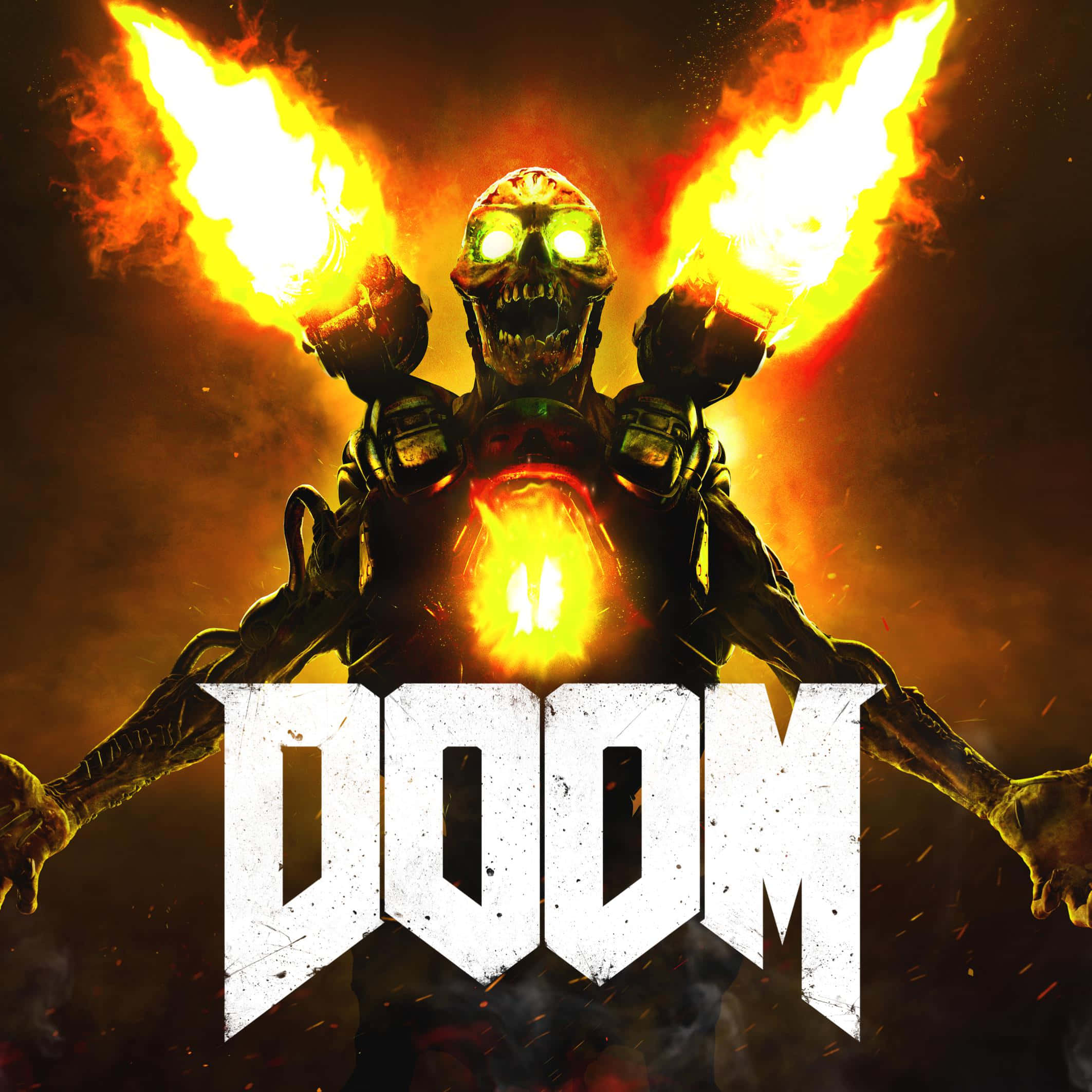Doom 2016 桌布 壁紙 — 一個帶有發光綠色眼睛和火焰翅膀的威脅性惡魔形象，站在黑暗背景前，上面有粗體白色字母寫著 DOOM。