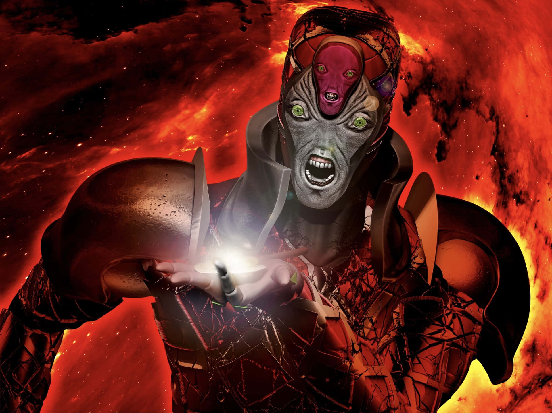 Jojo King Crimson 桌布 壁紙 — 一個帶有發光綠色眼睛和破裂頭盔的威脅性外星戰士，在熾熱的宇宙背景下揮舞著發光武器。