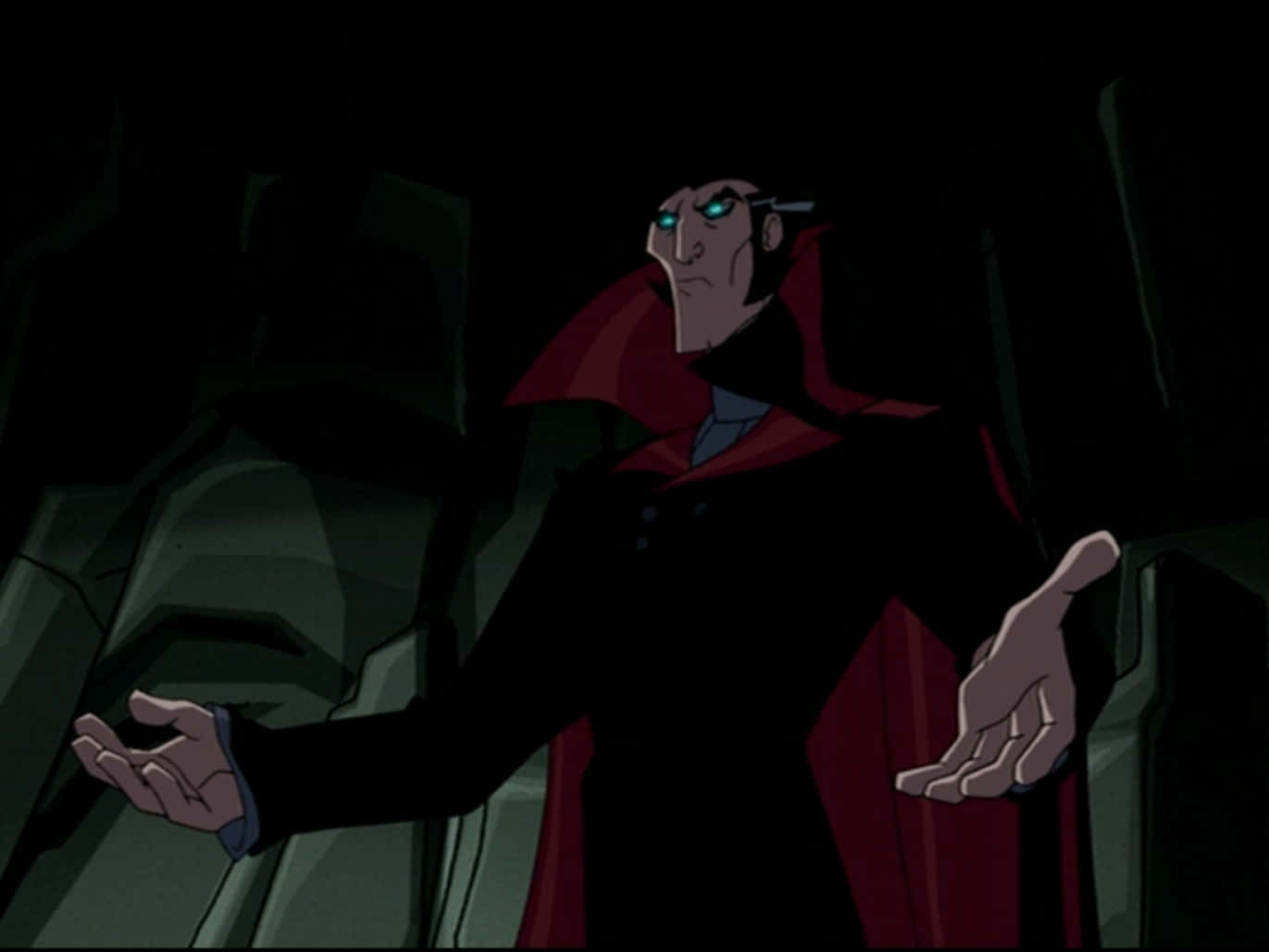 The Batman Vs Dracula 桌布 壁紙 — 一個帶有發光綠色眼睛和紅色斗篷的威脅性動畫吸血鬼，在陰暗的石頭廢墟中張開雙臂站立。
