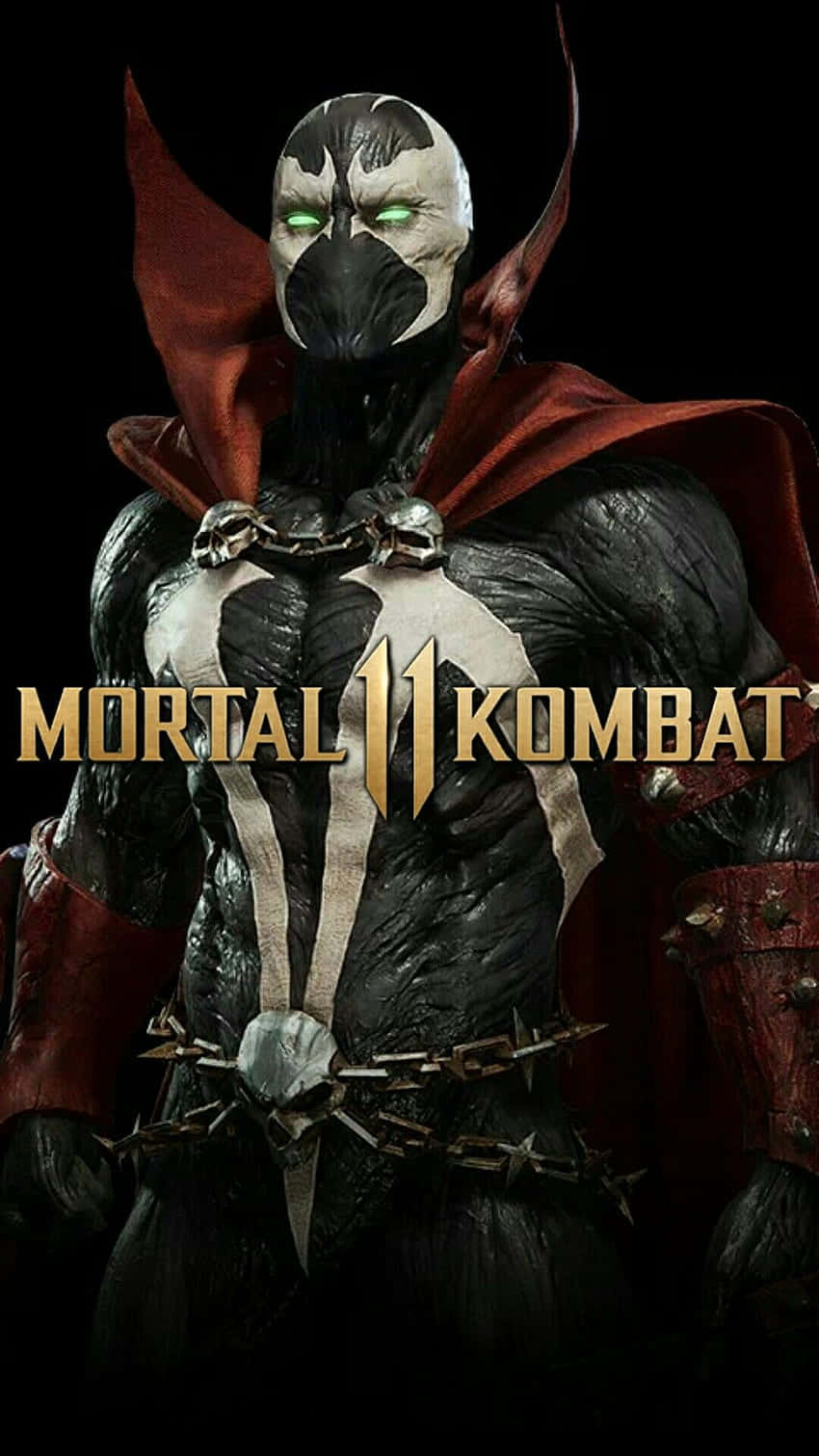Mortal Kombat 11 Spawn 桌布 壁紙 — 一個帶有發光綠色眼睛和紅色斗篷的威脅性蒙面戰士站在黑色背景前，背景上有Mortal Kombat 11標誌。