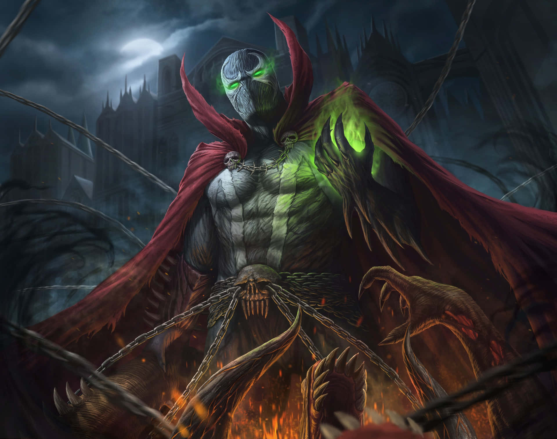 Mortal Kombat 11 Spawn 桌布 壁紙 — 一個帶有發光綠色眼睛和紅色斗篷的威脅性骷髏戰士，站在月光下的天空下，周圍是火鏈和黑暗的哥德式廢墟。