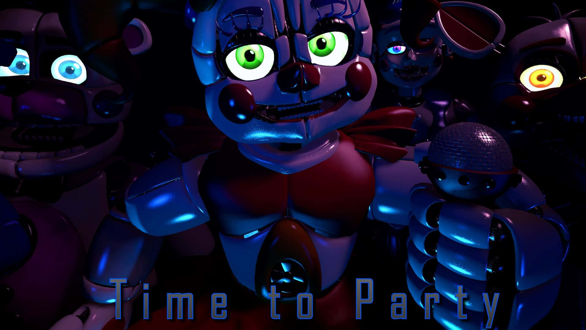 Fnaf Sister Location 桌布 壁紙 — 一個帶有發光綠色眼睛和紅色蝴蝶結的威脅性電子動畫角色，在深藍色燈光下被其他怪異的機械角色包圍，直視前方。