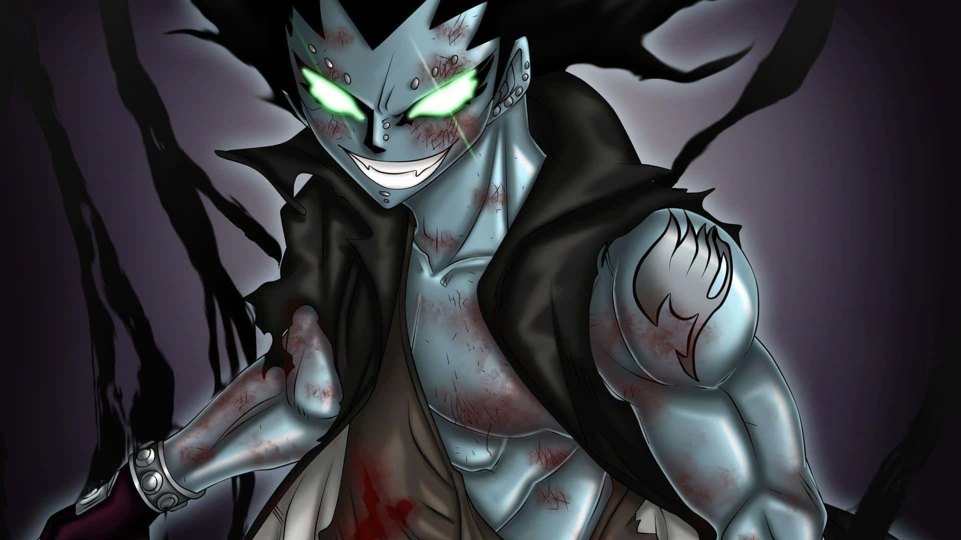 Gajeel Redfox 桌布 壁紙 — 一個帶有發光綠色眼睛和血跡斑斑銀色皮膚的威脅性動畫反派，站在帶有黑色觸手的深紫色背景前。