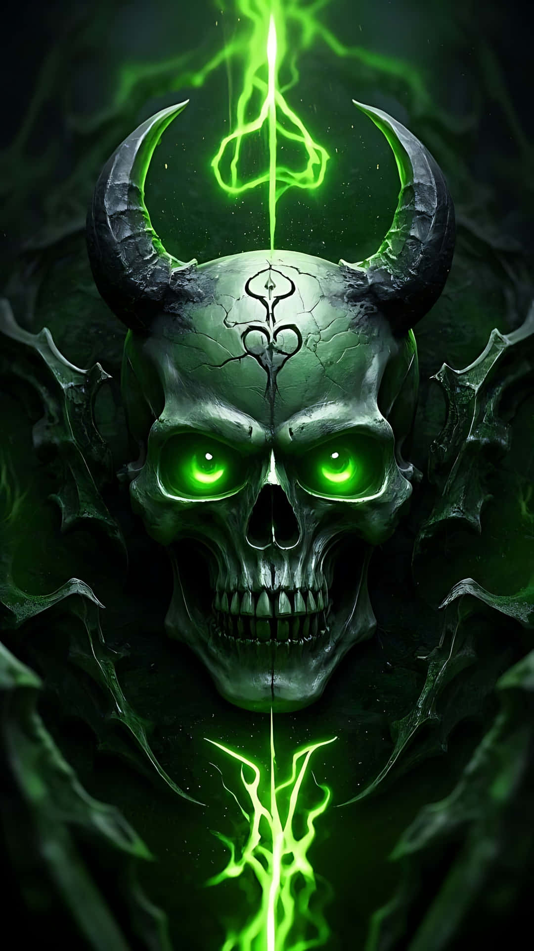 Demonic Skull with Possessed Aura. ghost wallpaper 壁紙 — 一個帶有發光綠色眼睛和角的威脅性頭骨，在黑暗旋轉的背景中散發出電光綠色的能量。