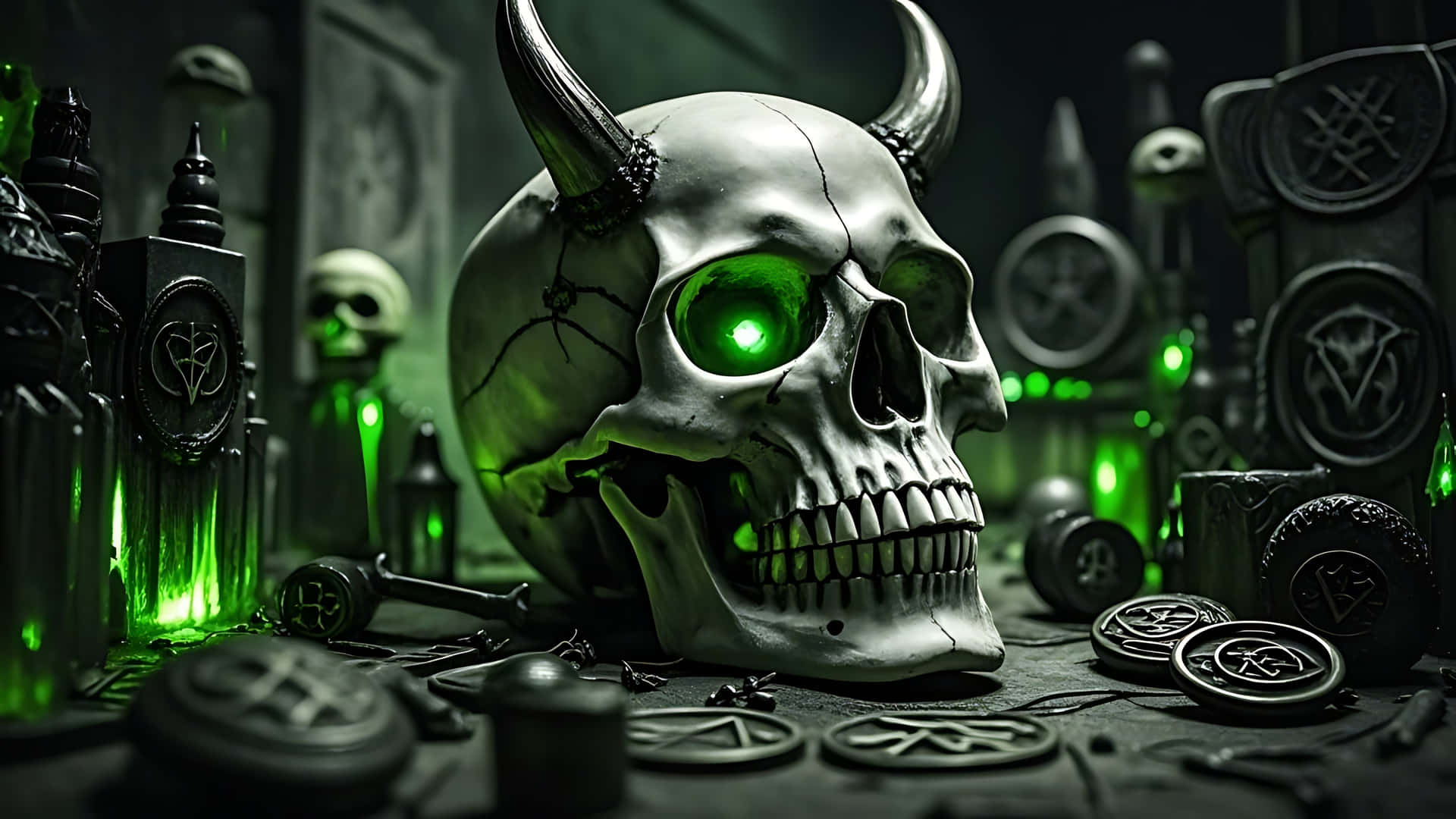 Demonic Skull with Possessed Aura. ghost wallpaper 壁紙 — 一個帶有發光綠色眼睛和角的惡魔頭骨，坐在黑暗的儀式環境中，周圍是神秘學物品和發光的綠色液體。