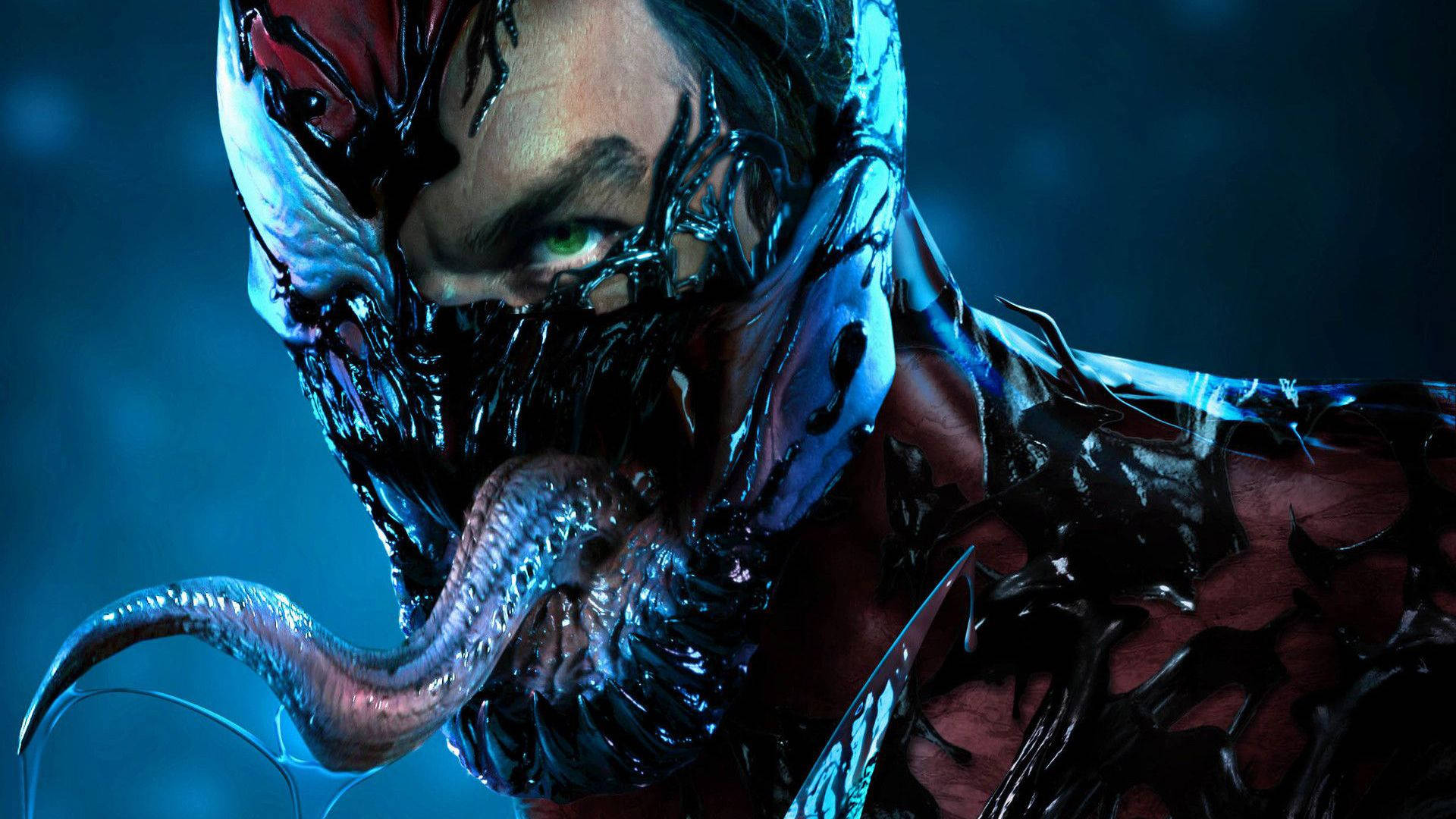 Venom Carnage 桌布 壁紙 — 一個帶有發光綠色眼睛和黑色共生體套裝的威脅性猛毒角色，背景為深藍色。
