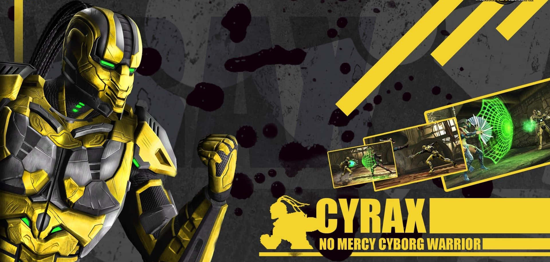 Mortal Kombat Cyrax 桌布 壁紙 — 一個帶有發光綠色眼睛的威脅性黃黑配色機械戰士，站在骯髒且濺滿污漬的背景中。