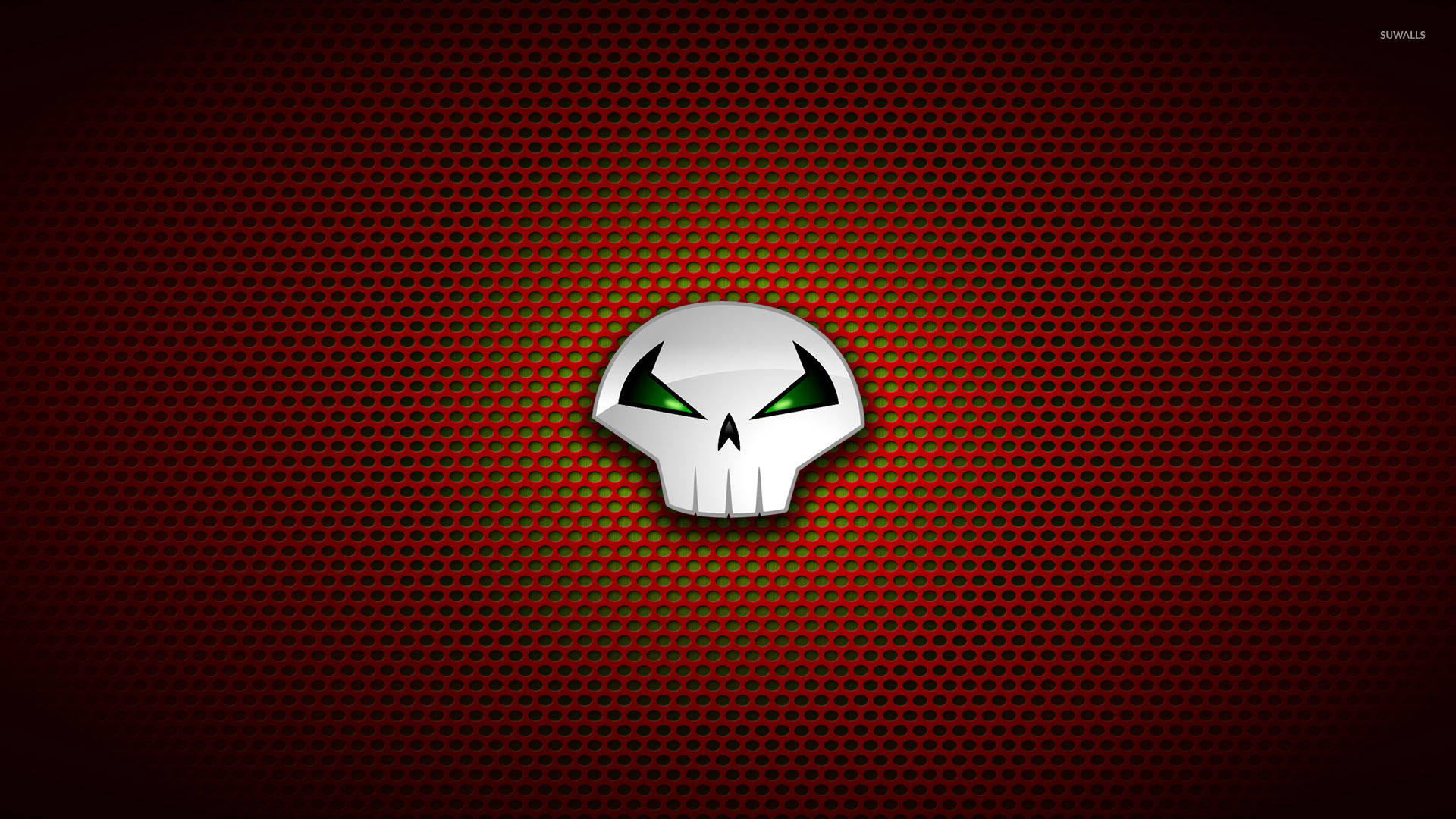 Punisher Logo 桌布 壁紙 — 一個帶有發光綠色眼睛的白色恐怖骷髏頭，位於紋理紅色漸變背景中央。