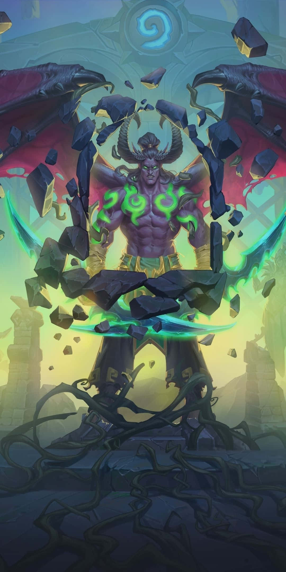 電玩遊戲 桌布 壁紙 — 一個帶有發光綠色符文和破碎石翼的惡魔般身影，從幻想廢墟中一個破碎的拱門中出現。