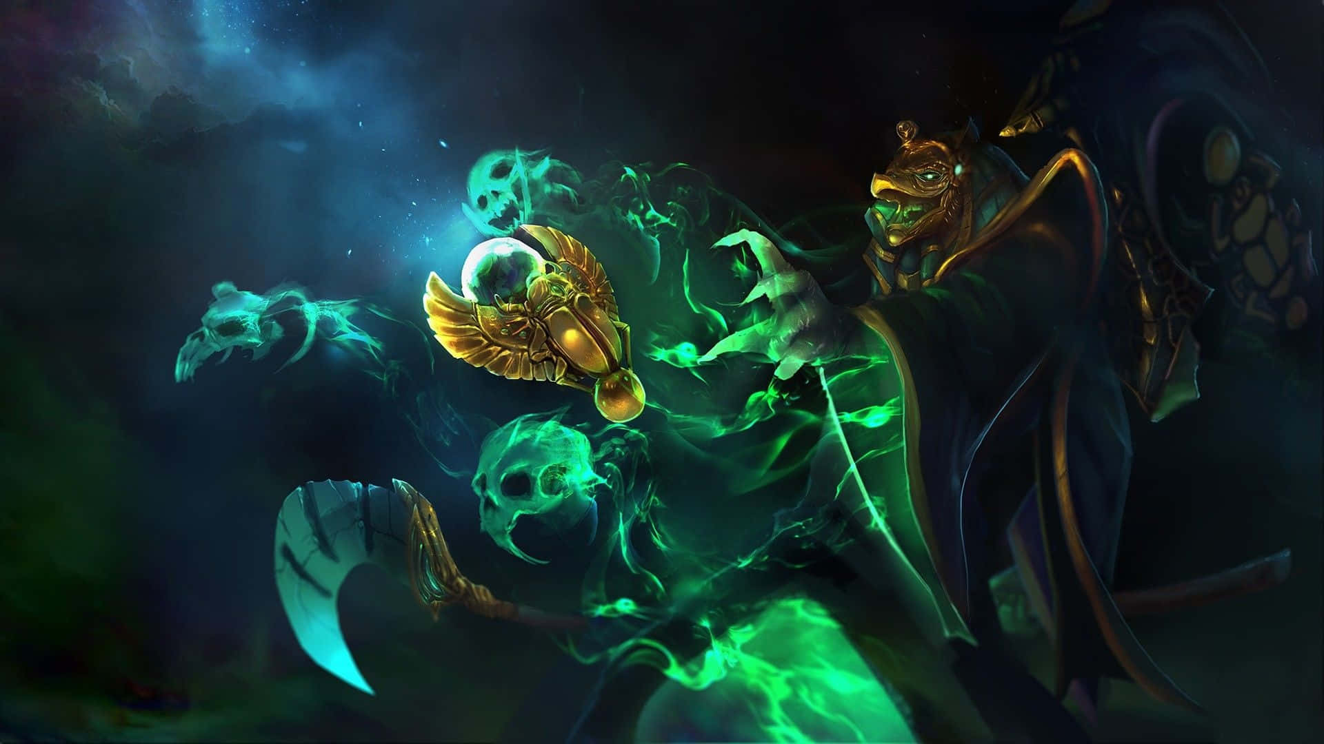 HD Dota 2 桌布 壁紙 — 一個帶有發光綠色能量和頭骨的黑暗奇幻人物在星空下的宇宙雲層中漂浮。