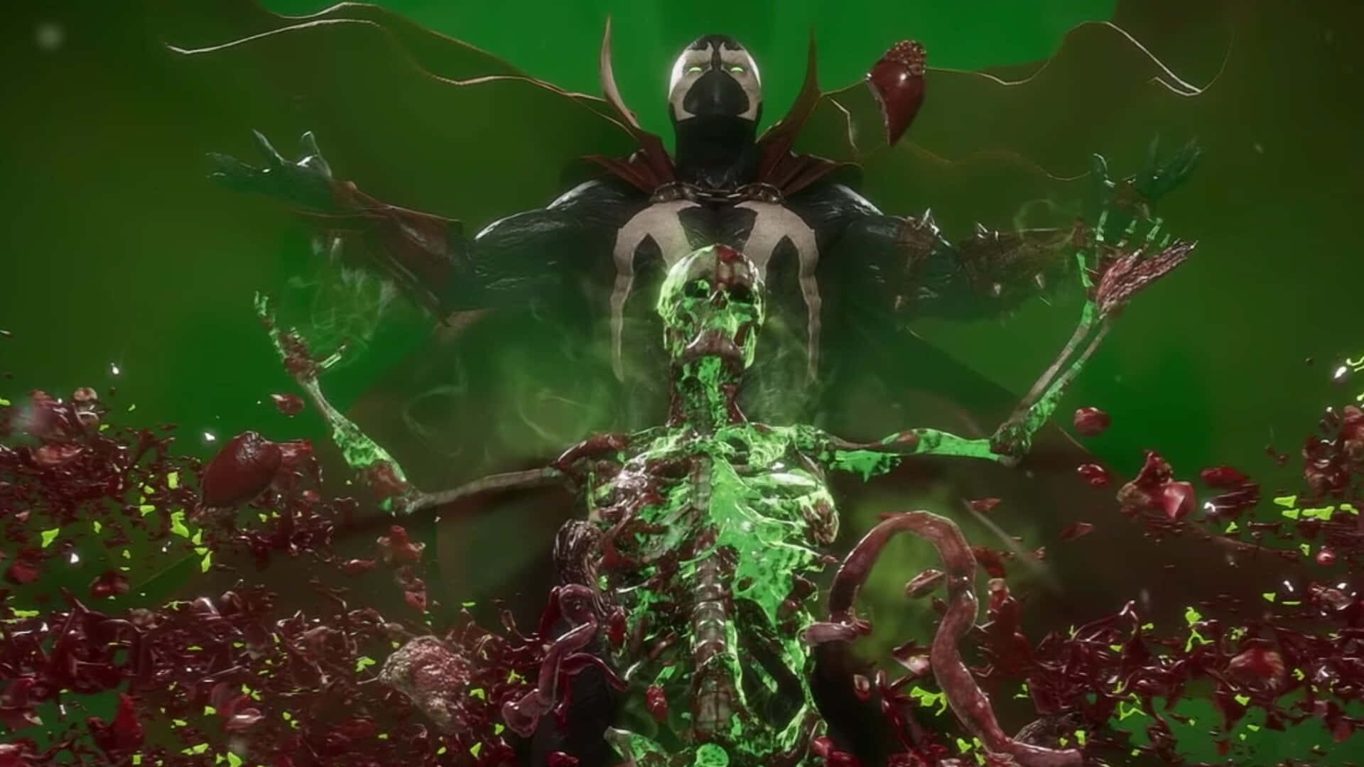 Mortal Kombat 11 Spawn 桌布 壁紙 — 一個帶有發光綠色血管和黑色翅膀的威脅性骷髏形象，從紅色內臟池中浮現，背景是毒性綠色。