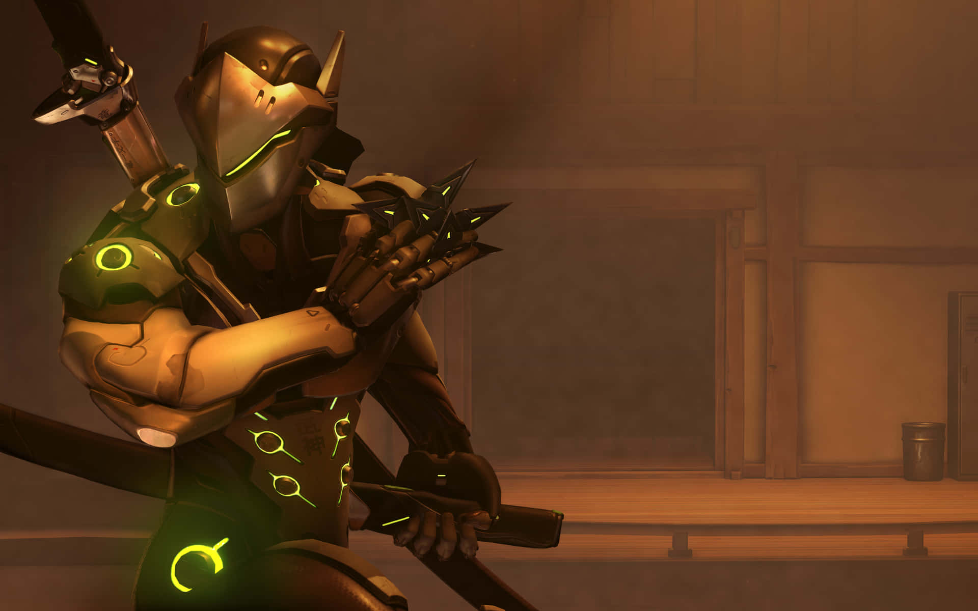 Genji 4K 桌布 壁紙 — 一個帶有發光綠色裝飾的未來裝甲戰士跪在昏暗的木房間裡，手持武器。