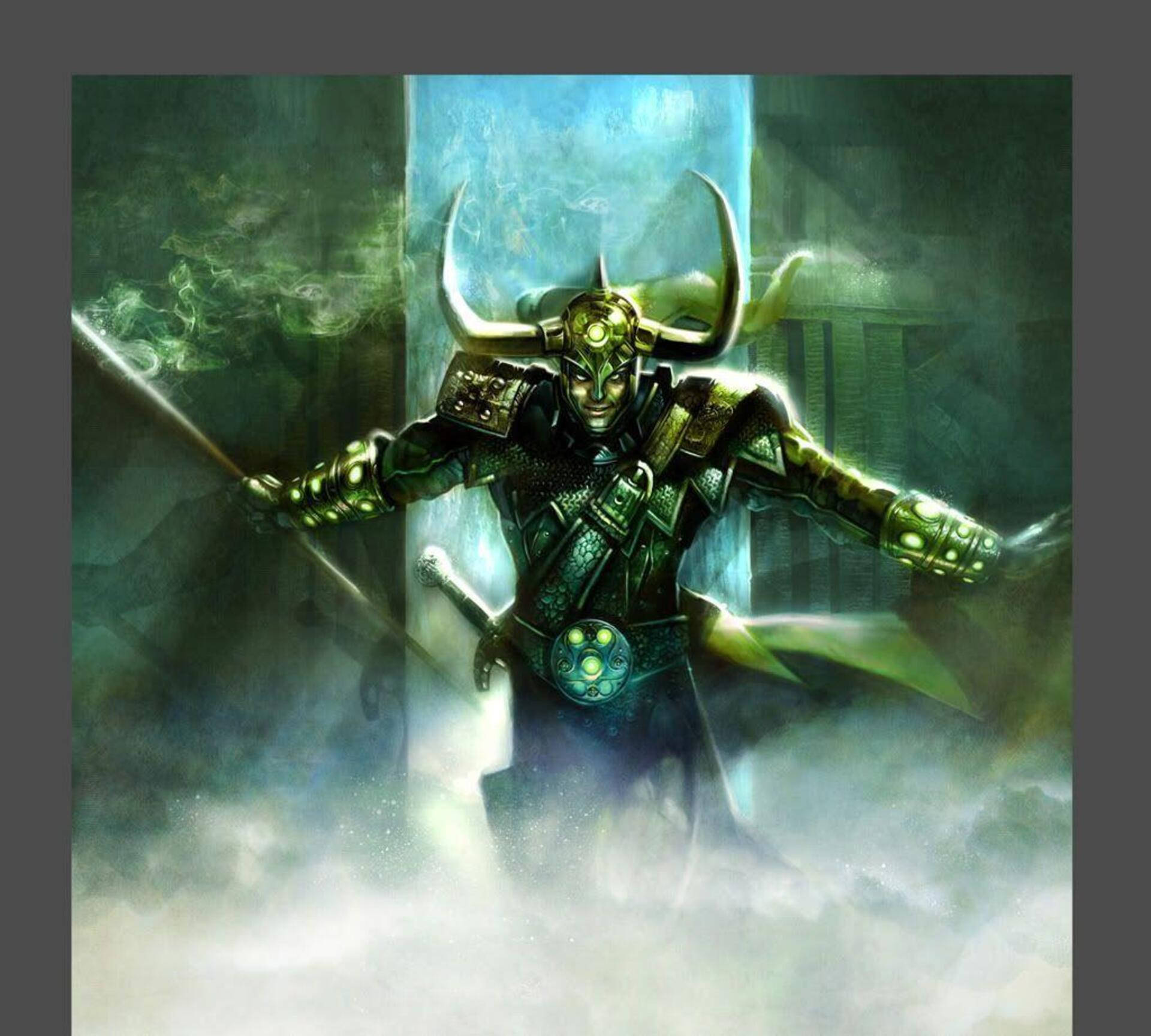 Villains 桌布 壁紙 — 一個帶有發光綠色角和劍的威脅性裝甲戰士從黑暗奇幻場景中的旋轉迷霧中出現。