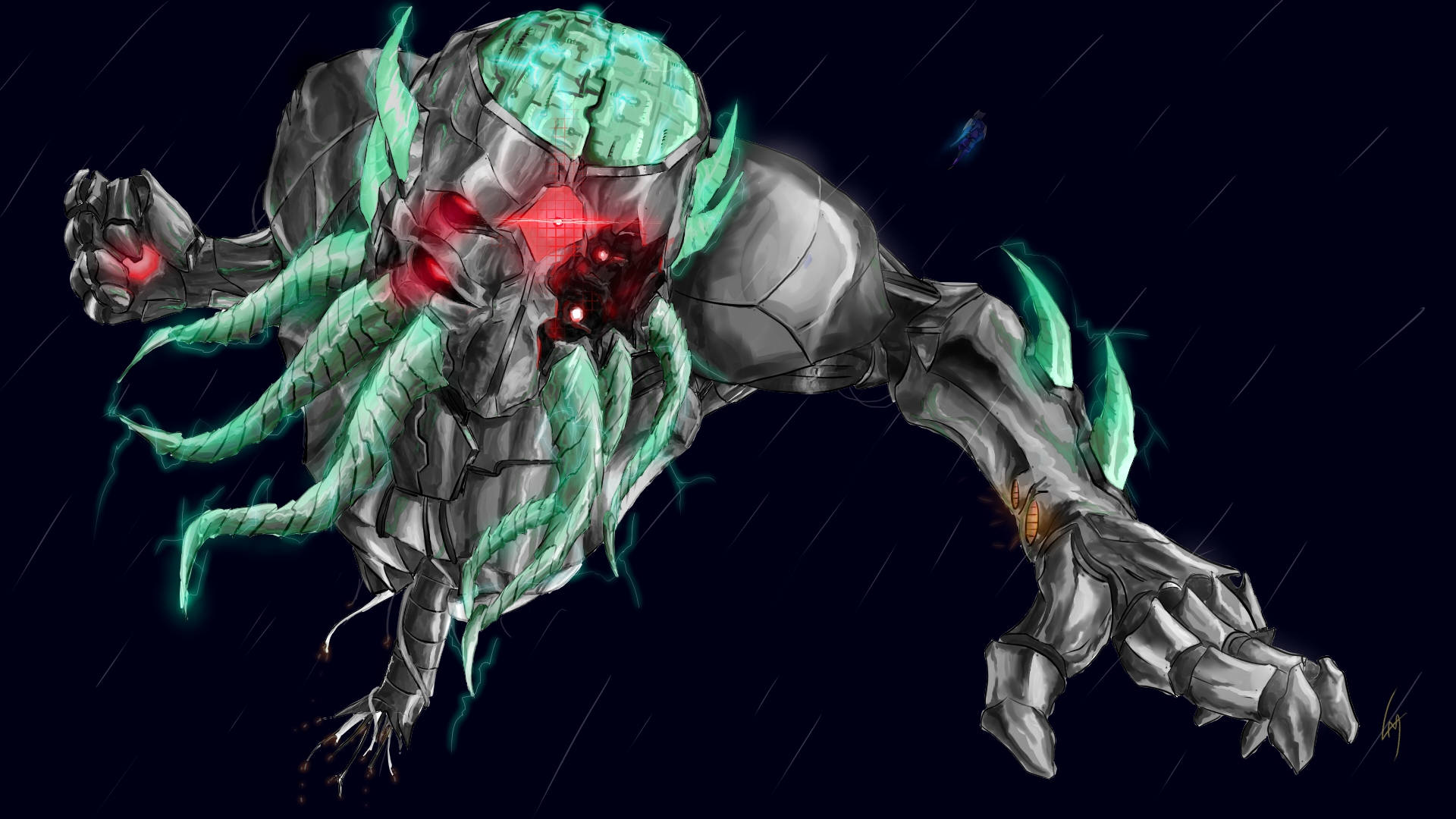 Terraria Moon Lord 桌布 壁紙 — 一個帶有發光綠色觸手和紅色眼睛的威脅性生物機械生物，在黑色天空下的黑暗雨中出現。