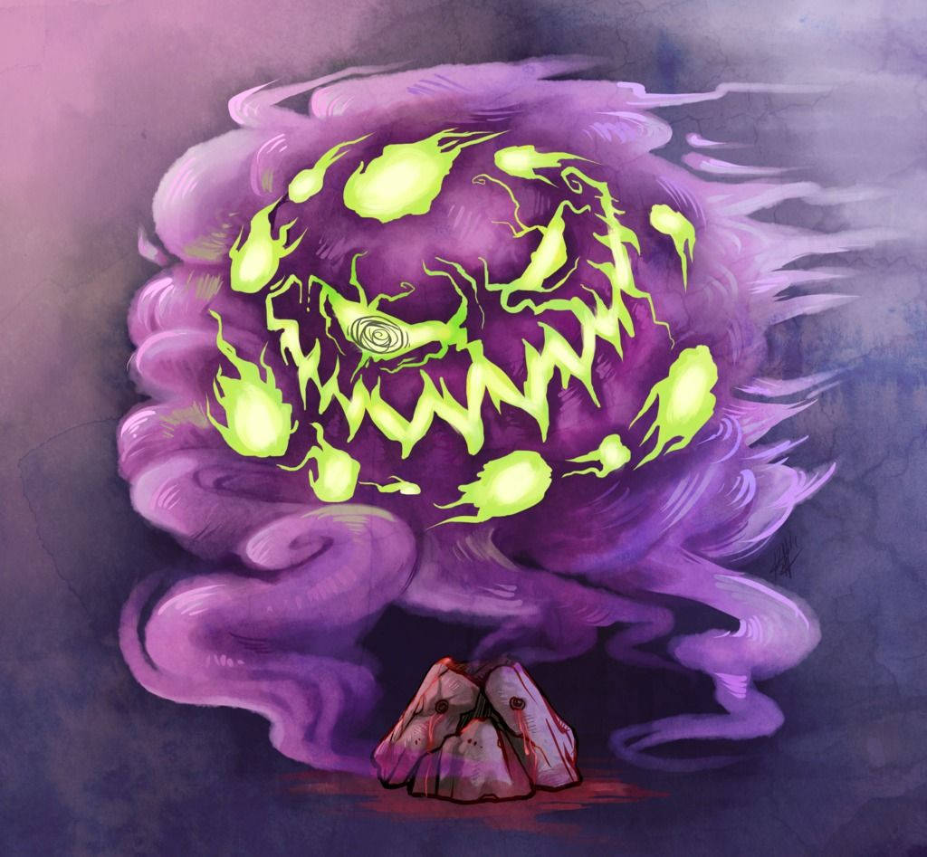 藝術 桌布 壁紙 — 一個帶有發光綠色鋸齒狀牙齒和眼睛的紫色煙霧怪物，籠罩在破碎的石柱上。
