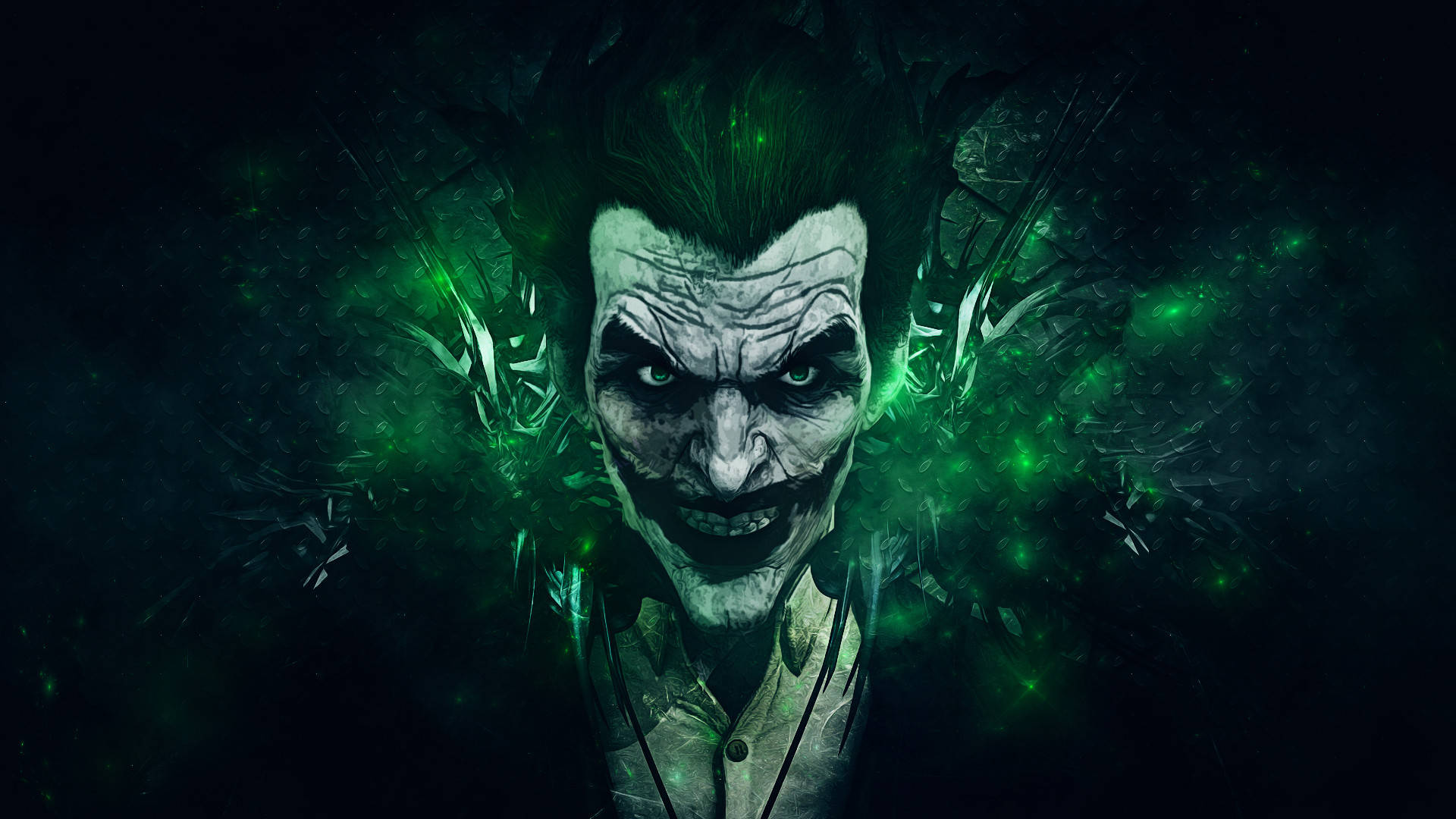 Joker Desktop 桌布 壁紙 — 一個帶有發光綠色頭髮和混亂能量的威脅性小丑，在黑暗背景下從他的臉上散發出來。
