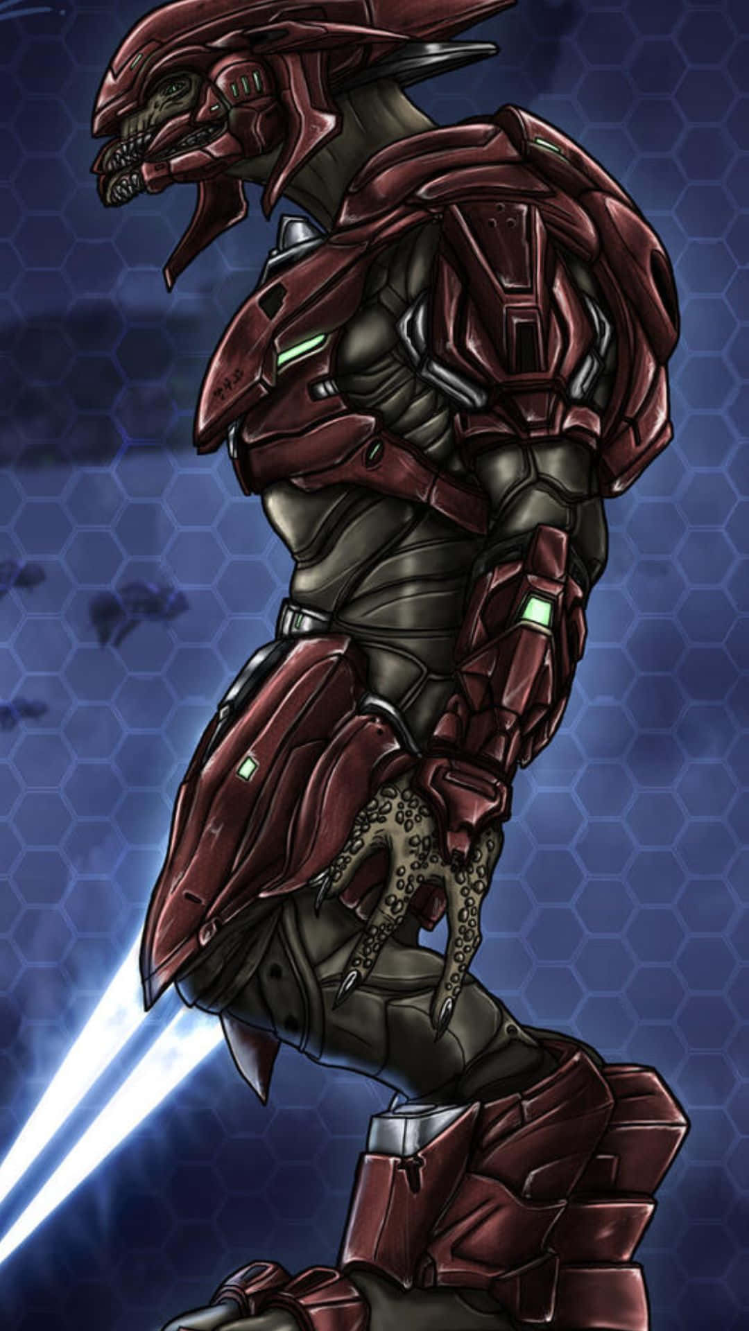 Sangheili 桌布 壁紙 — 一個帶有發光綠色點綴的威脅性紅色裝甲外星戰士，在深色六邊形背景前握著一把明亮的藍色能量刀。