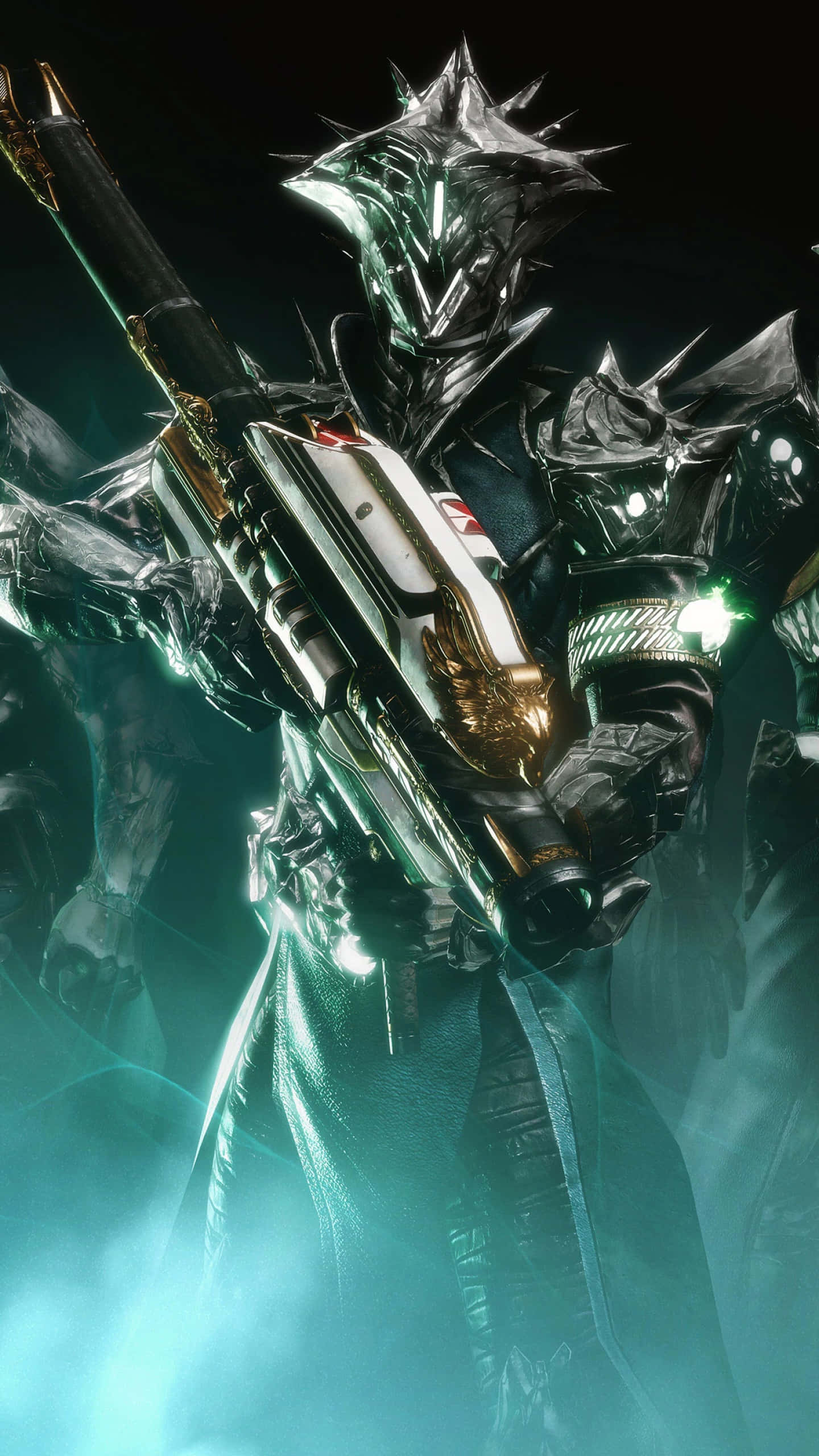 Destiny 2 桌布 壁紙 — 一個帶有發光綠色點綴的威脅性裝甲戰士，在黑暗煙霧背景下揮舞著未來武器。