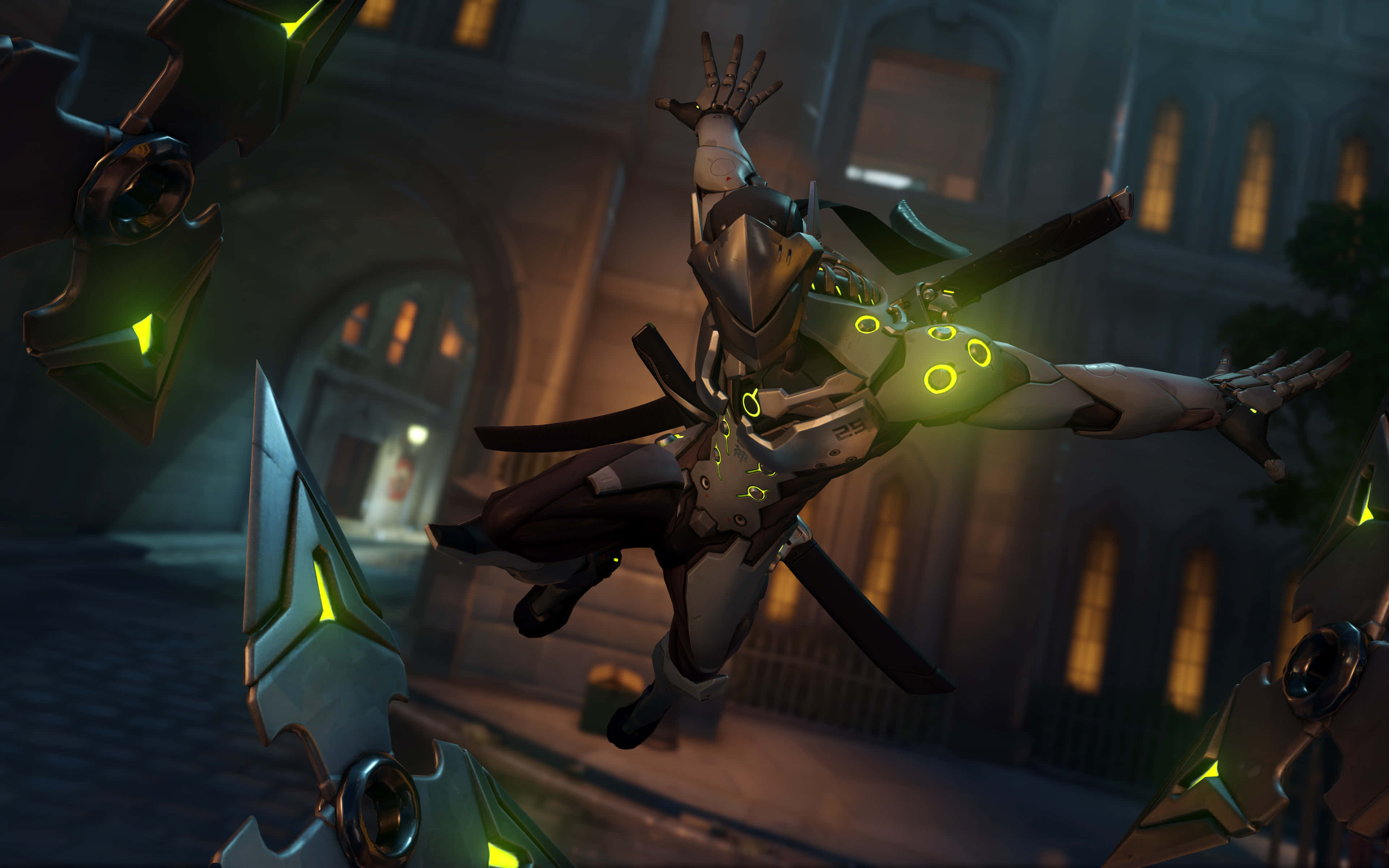 Genji 4K 桌布 壁紙 — 一個帶有發光綠色點綴的未來風格裝甲戰士，在夜晚昏暗的哥德式城市街道上動態跳躍。