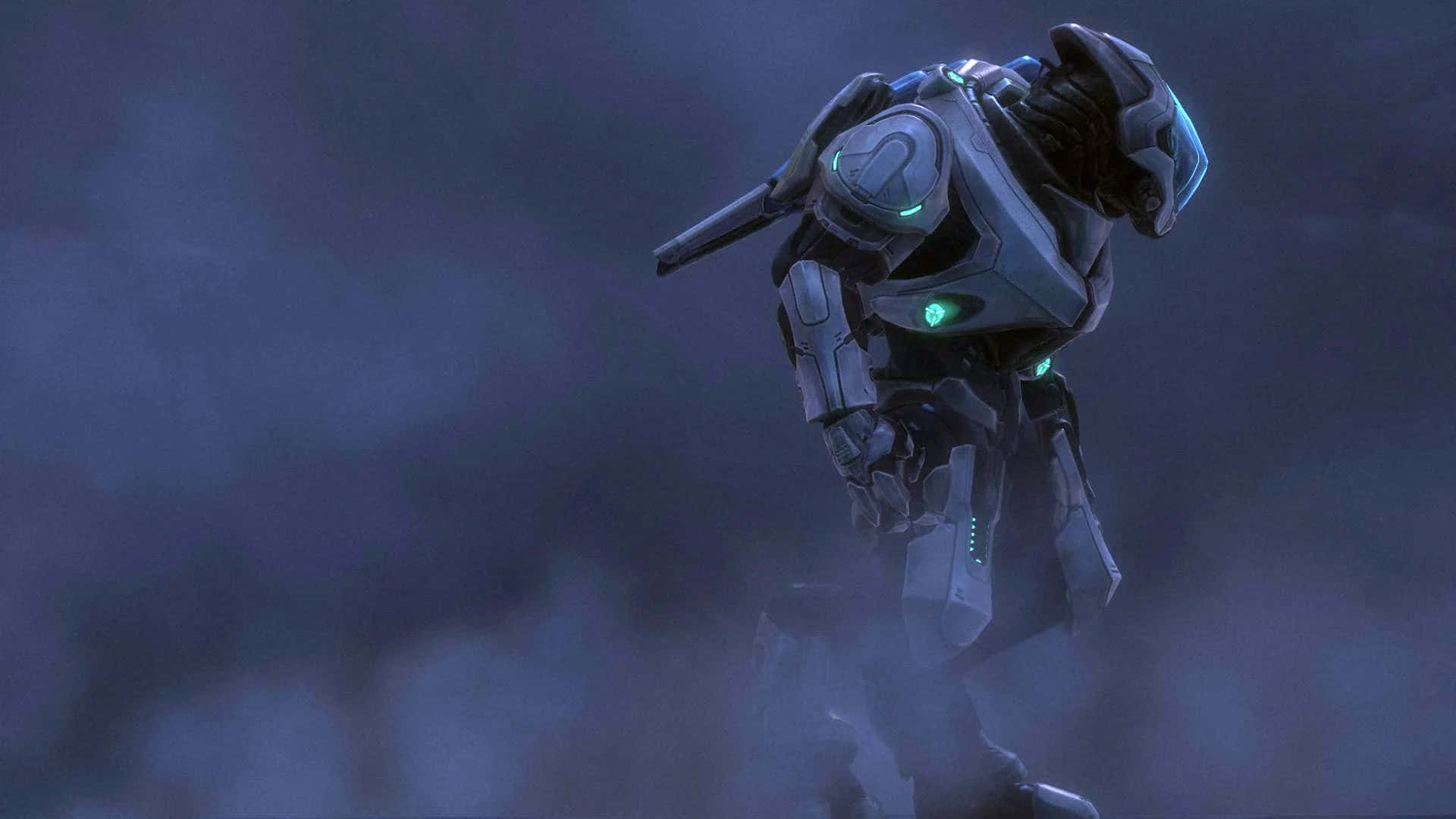 Sangheili 桌布 壁紙 — 一個帶有發光綠色點綴的未來風格裝甲士兵，站在迷霧深藍色環境中。