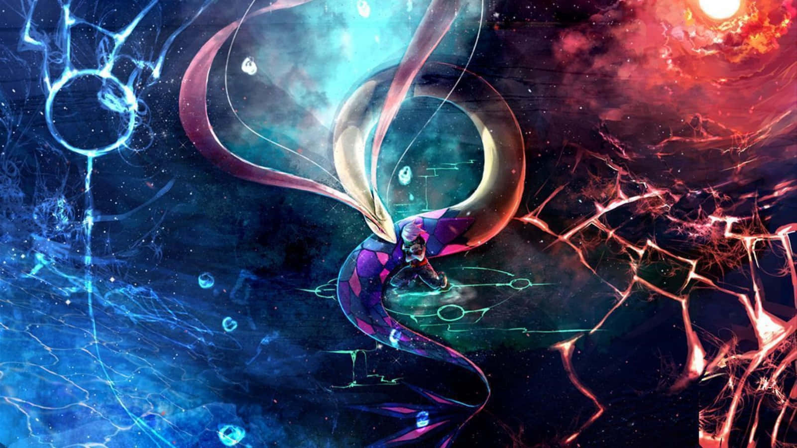 史詩 桌布 壁紙 — 一個帶有發光翅膀和流動能量軌跡的宇宙動漫人物，在藍色和紅色星雲之間，在燦爛的太陽下跳舞。